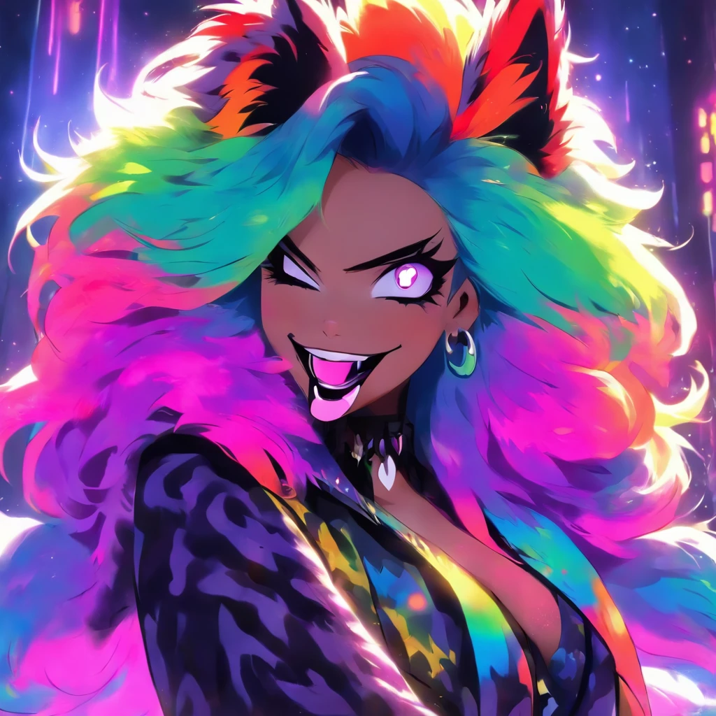 female wearing colorful fur lined lingerie, has long flowing rainbow hair, fair skin, wearing colorful fur lined sheer robe, portrait, alone, solo, portrait, has big fluffy wolf ears, has seductive smile, goth, dominatrix, wearing black lipstick