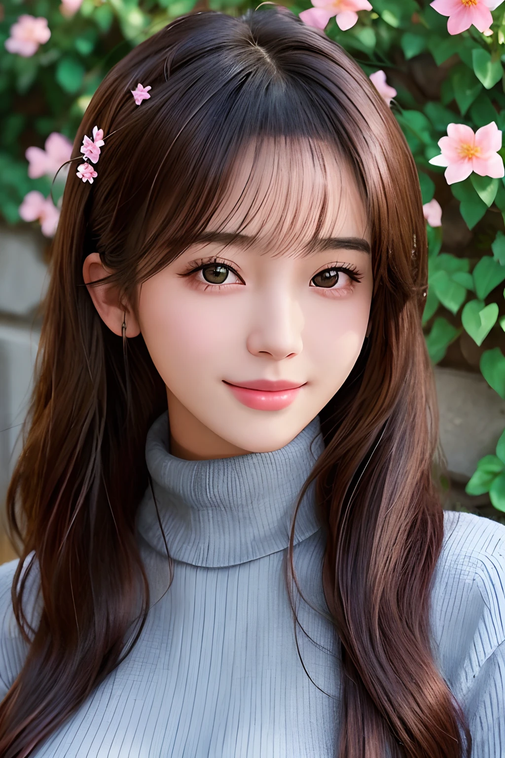 masterpiece,DSLR photo,analog style,nikon d5,real photo,a photo of a beautiful 20 year old woman,dramatic lighting (85mm),with Blooming garden in the background,(detailed facial features),(detailed shiny eyes),dynamic angle,Michelangelo style,long hair,turtleneck sweater,smiling face:1.4,
