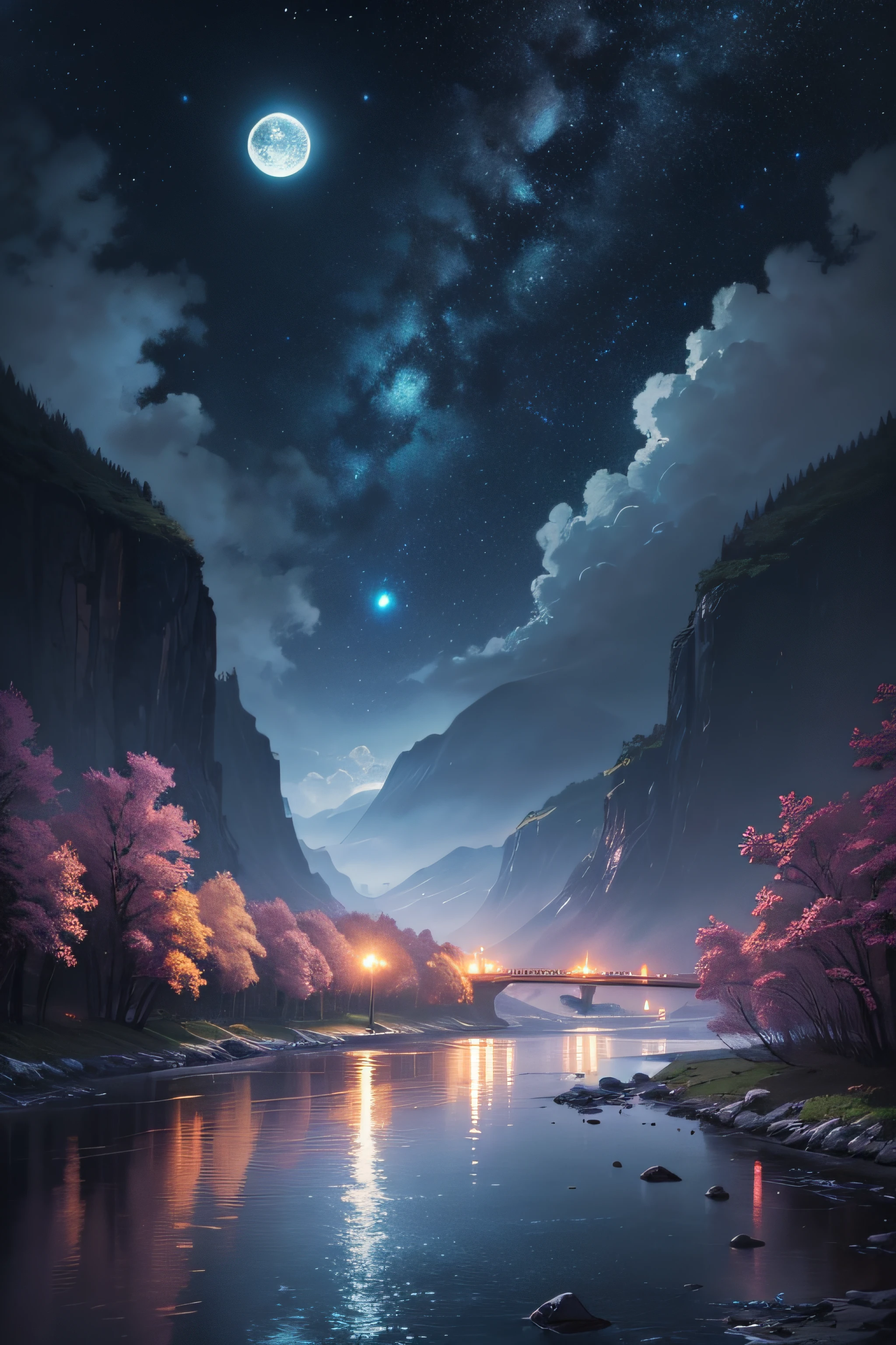 A painting of a river with stars and moon in the sky, concept art inspired by Tawaraya Sōtatsu, pixiv contest winner, best quality, fantasy art, beautiful anime scene, a bright moon, moonlit starry environment, dream painting, Anime Background Art, Fantasy Landscape Art, Fantasy Night, Anime Background, Background Artwork, Fantastic Art, Atmospheric Anime, Starry Sky, Detail Enhanced.