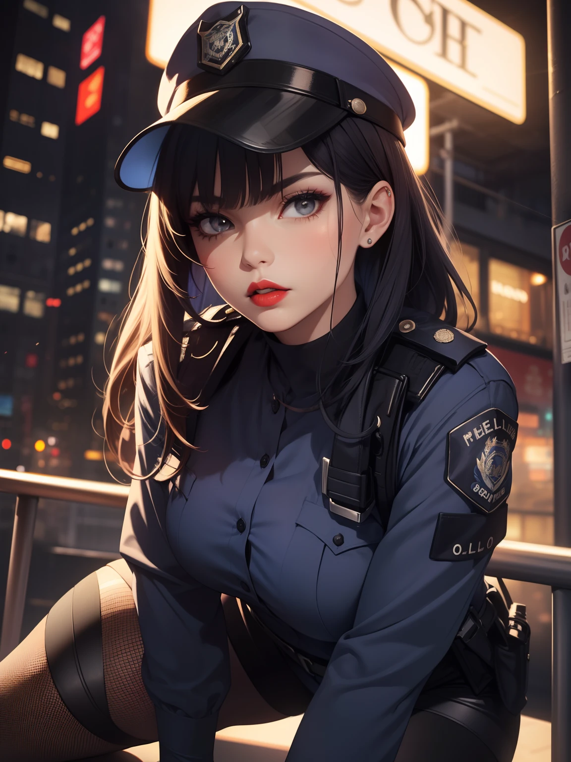 Solo, (Police Uniform, policewoman), Stockings, City lights, (gaze at the audience: 1.3), Lips apart, Red lips, Shiny skin, dent in the skin, Best Quality, Ultra High Resolution, (Realism: 1.4),