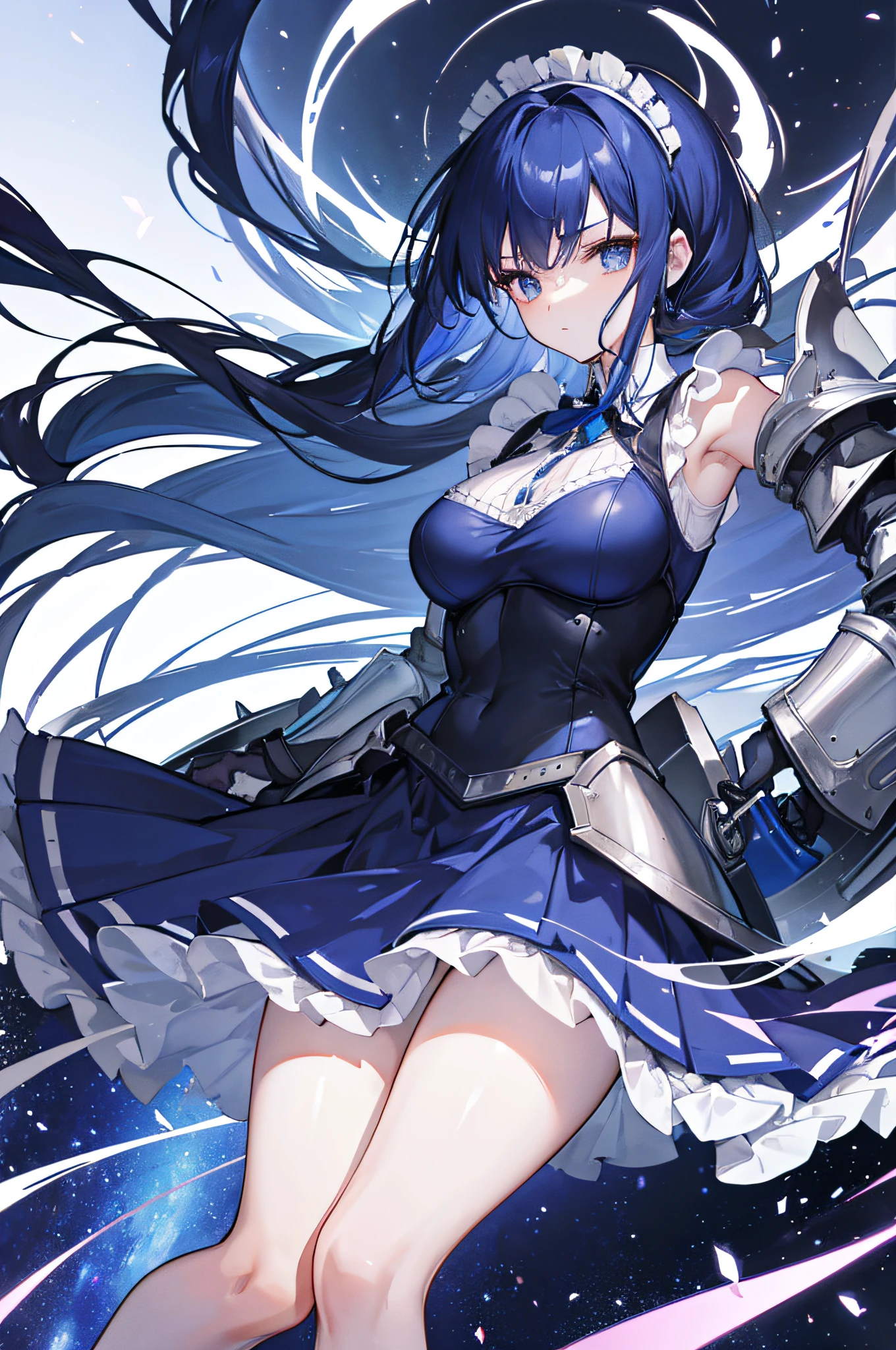4K,hight resolution,Only woman,Dark blue hair,Twin-tailed,maid clothes,(Long skirt),(Long sleeves),(Wearing armor on the chest),(Wearing armor on his arms),(Wearing armor on the legs),Holding a sword in both hands