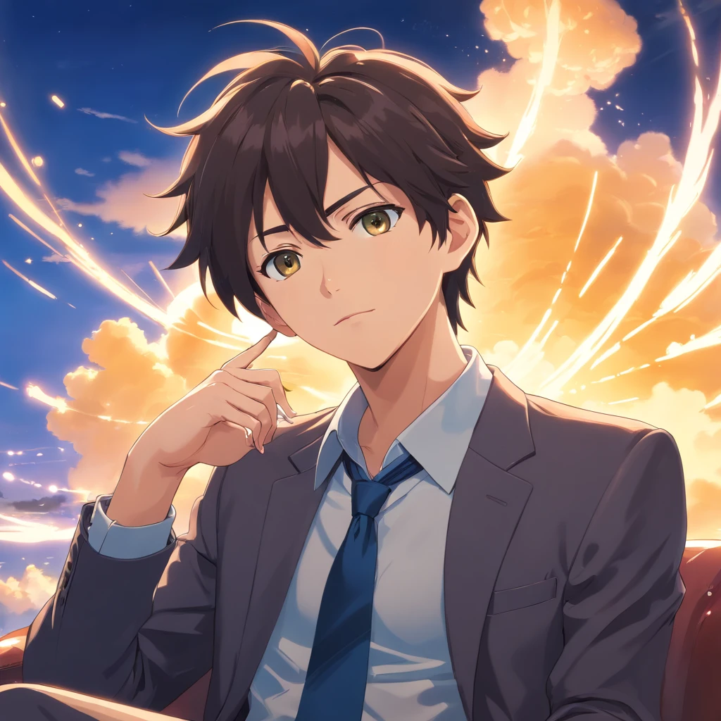 (best quality, highres:1.2), ultra-detailed, realistic:1.37, (HDR, UHD), professional, vivid colors, bokeh, Goku wearing a black formal suit, sitting on a royal throne with a cigarette in his hand, serious gaze, serious expression, amazing details, yellow clouds in the background, (portrait, concept artists), sharp focus, physically-based rendering