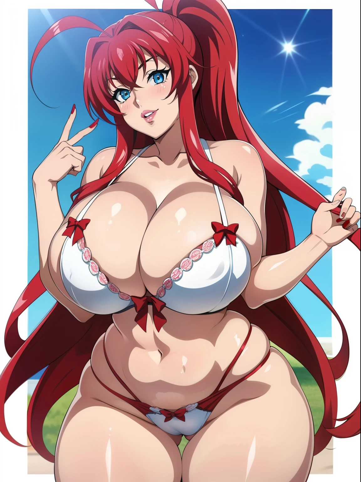 Highschool dxd, Rias Gremory, 1girl, (((bimbo))), blue eyes, puffy lips, painted lips, thick lips, wide hips, thick thighs, big breast, huge ass, revealing cleavage, erotic, smile face, bubble butt, camel toe, hitomi Tanaka breasts, huge breasts, white bra, white panties, posing, hand signs