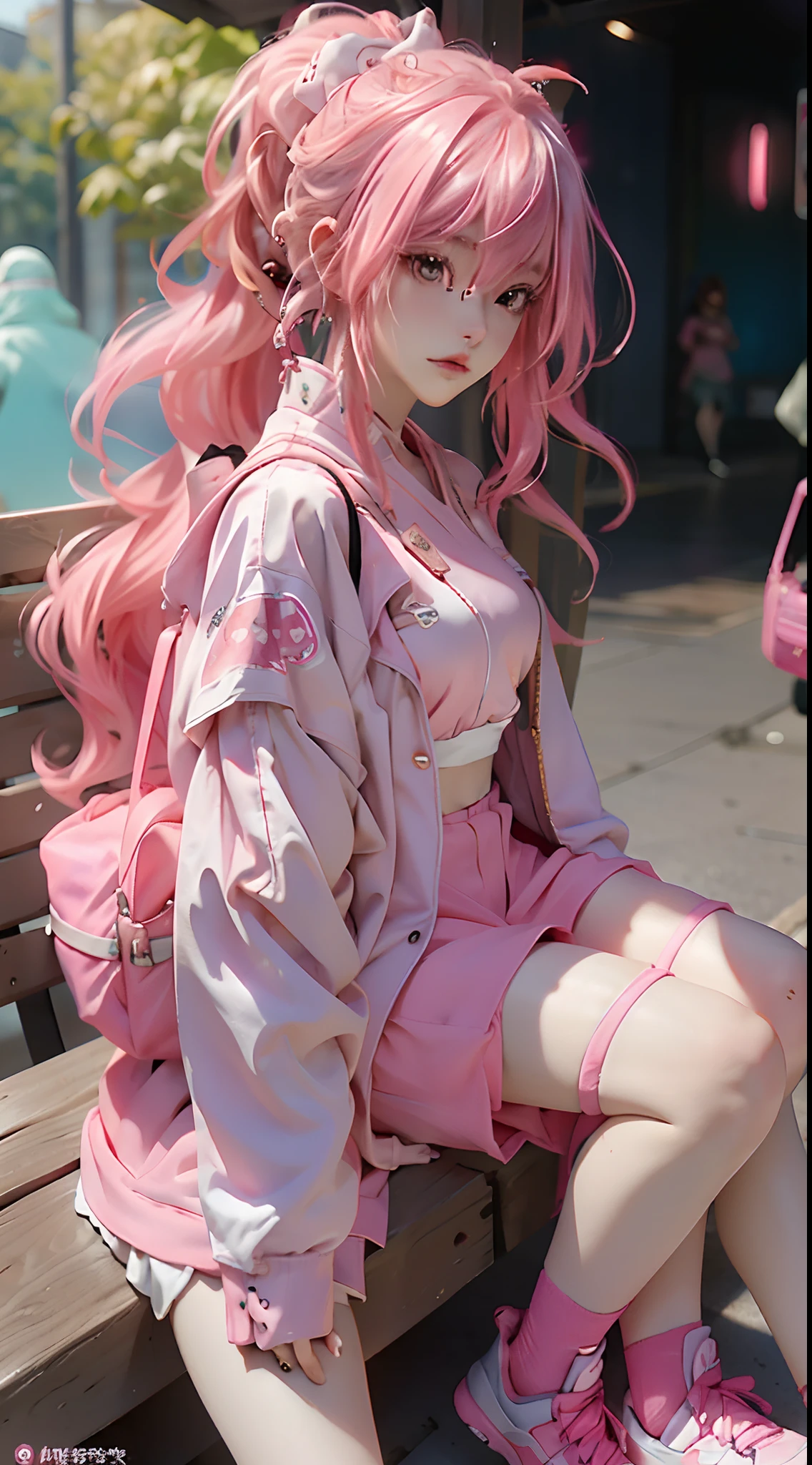 anime girl with pink hair sitting on a bench with a backpack, she is wearing streetwear, with pink hair, portrait of jossi of blackpink, ulzzang, ((pink)), jossi of blackpink, lalisa manoban of blackpink, wearing cyberpunk streetwear, japanese streetwear, with long hair, anime girl in real life, casual pose, pink girl