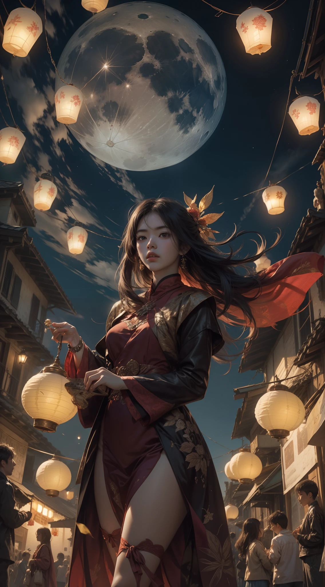 (max resolution: 1.2), (Ultra HDTV: 1.2), 8K resolution, Eye and skin details, face details, , (Sharp focus: 1.2), (Precise focus) sharp face: 1.2), Girl standing in the sky, flying flower lanterns, Mid-Autumn Festival, Ancient costume, (long hair), Black hair, Sky full of stars, flying lanterns in the sky, flying lanterns, holding moon cake