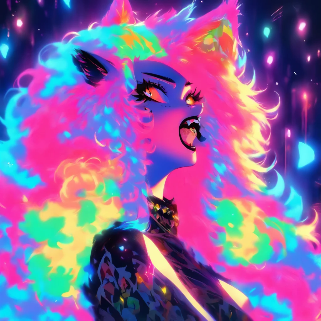female wearing colorful fur lined lingerie, has long flowing rainbow hair, fair skin, wearing colorful fur lined sheer robe, portrait, alone, solo, portrait, has big fluffy wolf ears, goth, dominatrix, wearing black lipstick