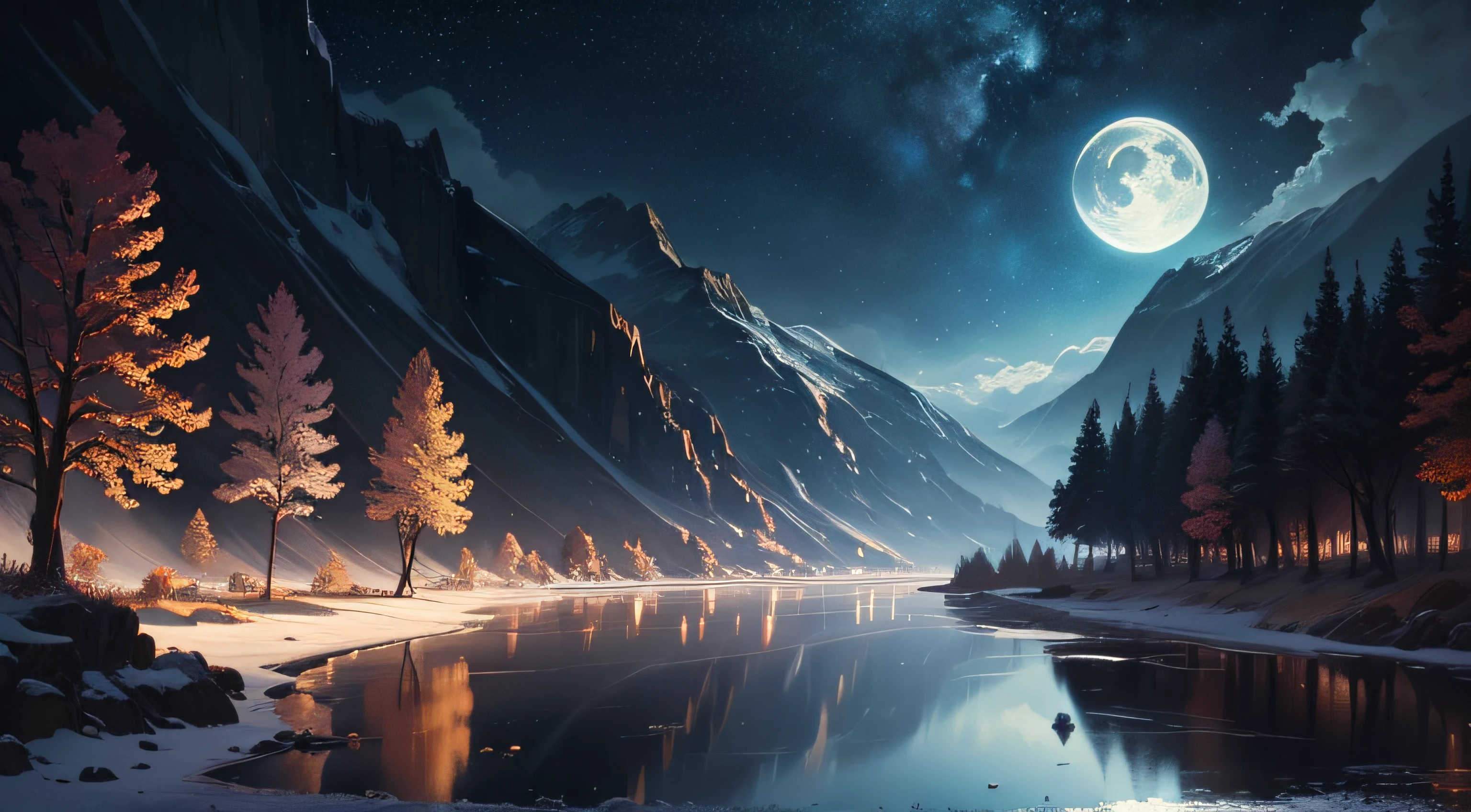 A painting of a river with stars and moon in the sky, concept art inspired by Tawaraya Sōtatsu, pixiv contest winner, best quality, fantasy art, beautiful anime scene, a bright moon, moonlit starry environment, dream painting, Anime Background Art, Fantasy Landscape Art, Fantasy Night, Anime Background, Background Artwork, Fantastic Art, Atmospheric Anime, Starry Sky, Detail Enhanced.