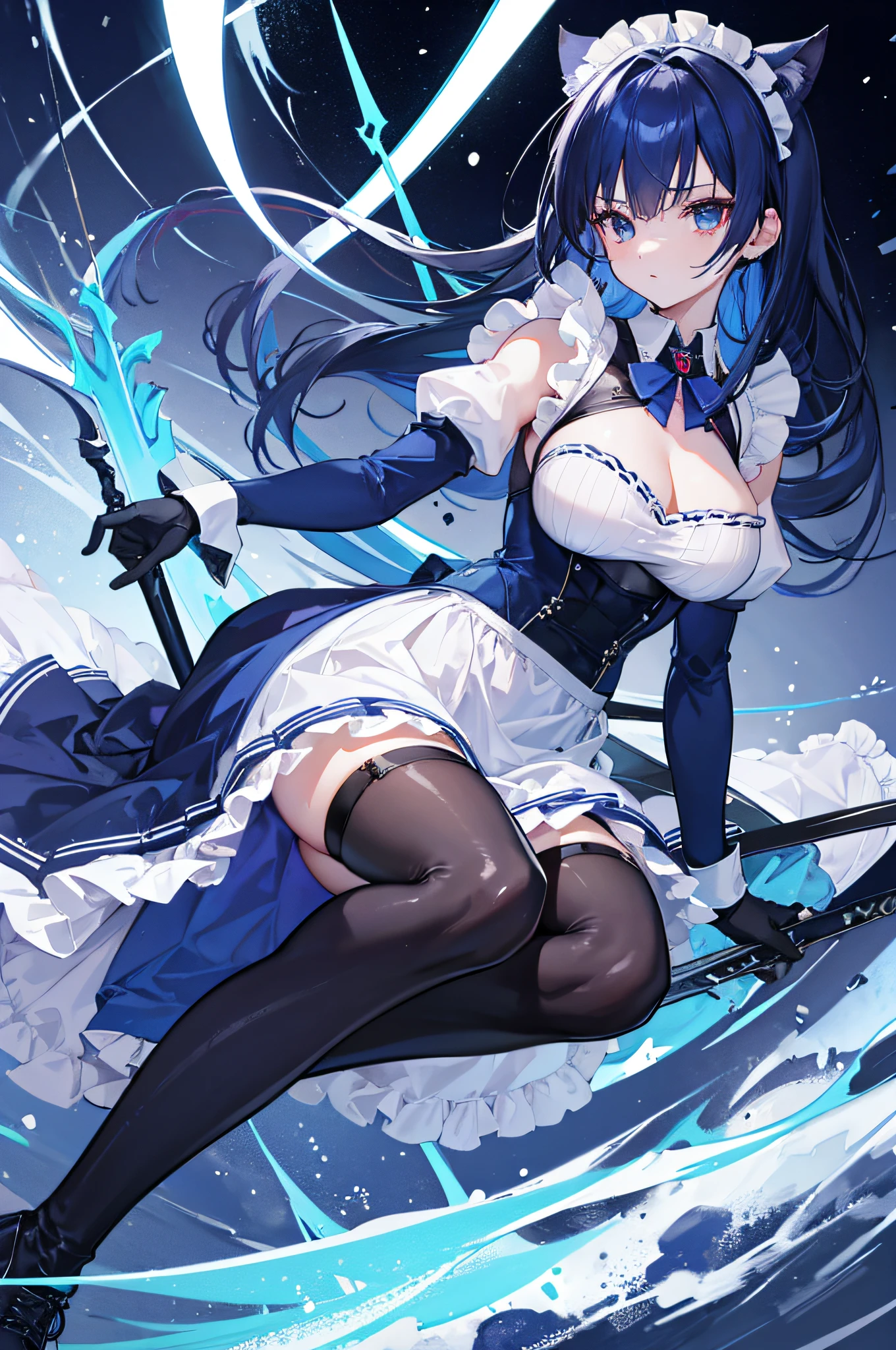 4K,hight resolution,Only woman,Dark blue hair,Twin-tailed,maid clothes,Long skirt,Long sleeves,armor gloves,Armor Boots,Chest Armer,The sword