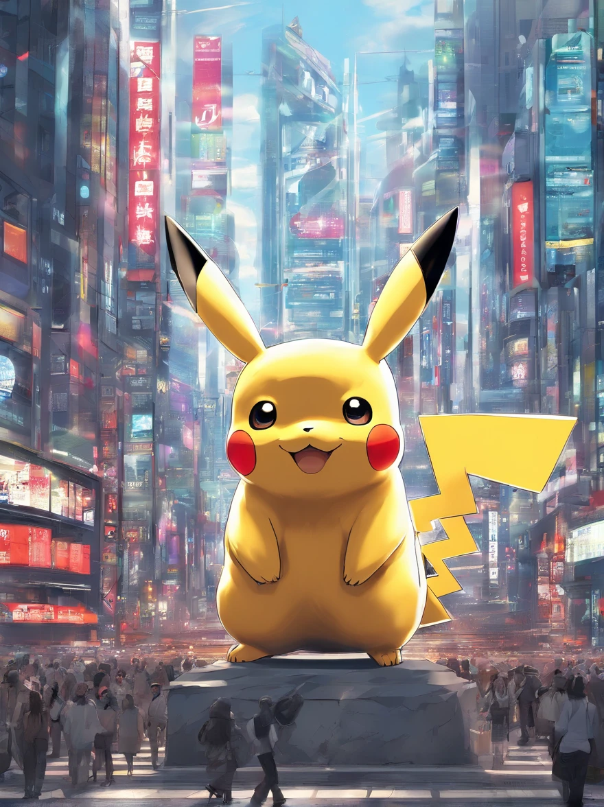 massive pikachu statue, in the center of futuristic city in Shibuya , crowds
