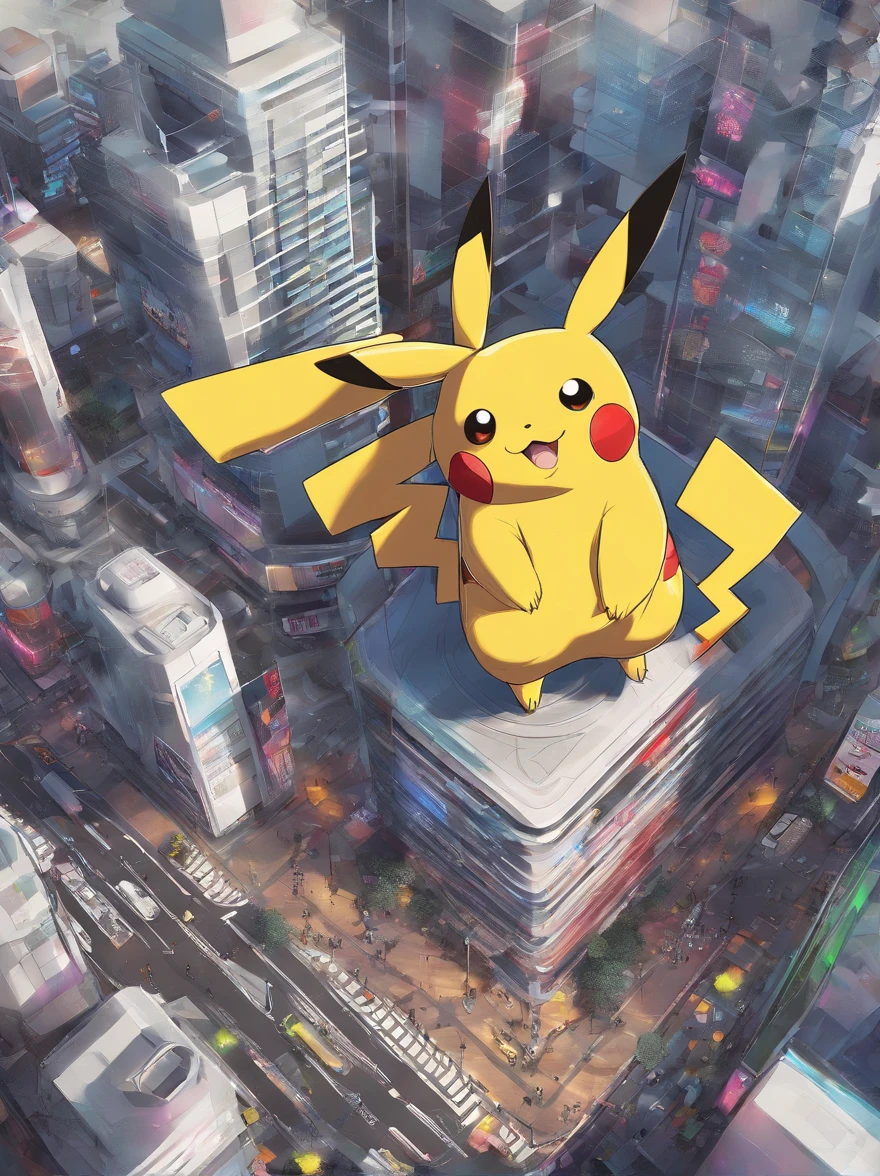 massive pikachu statue, in the center of futuristic city in Shibuya , crowds