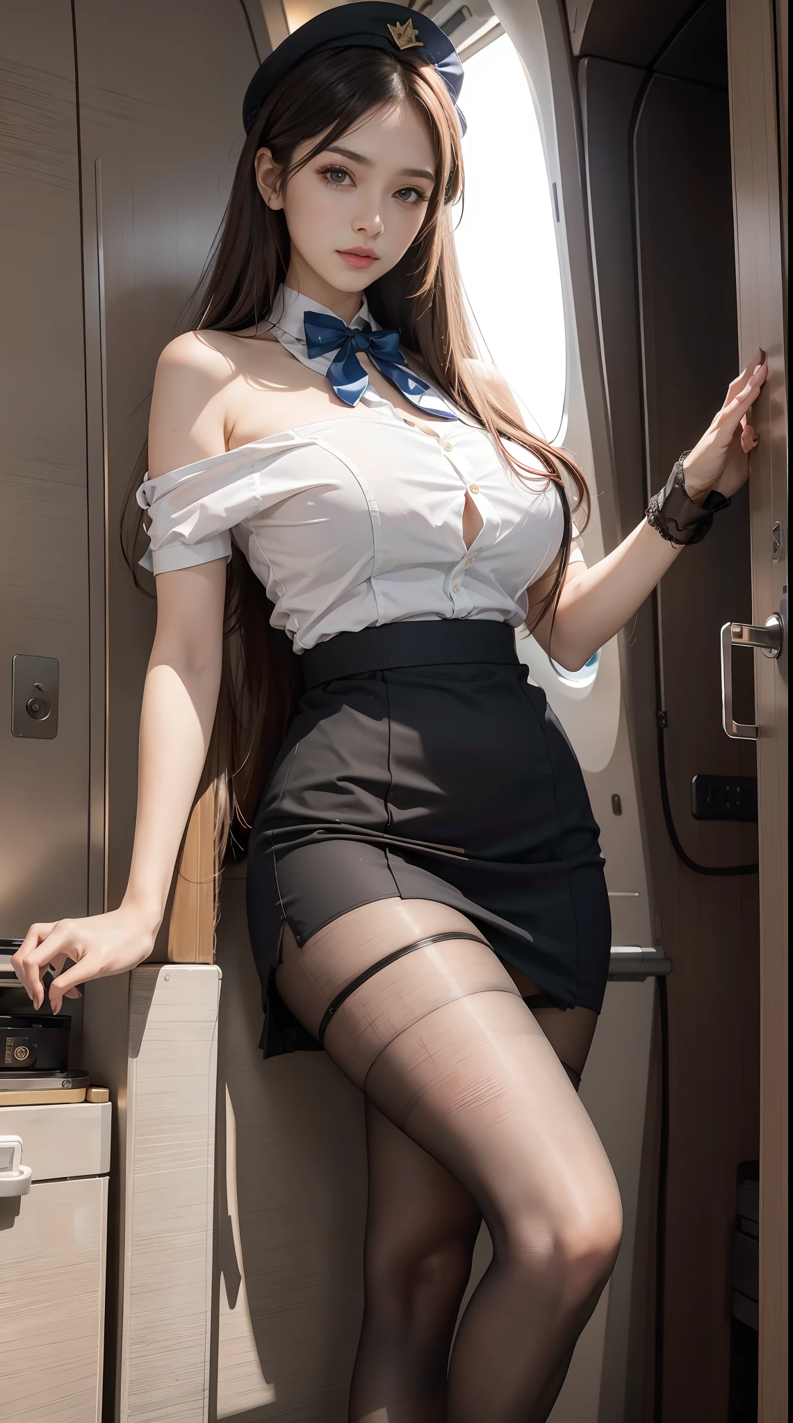 （From the outside） ， many color，Best quality at best，8K，real photograph，Delicate skin details，tmasterpiece，photograph of-realistic，Complicated details，RAW photogr,In the plane，ssmile，florals，stewardess，sockes,Extra-long hair，cropped shoulders，delicated face，Hainan Airlines，Flight attendant professional attire，Manteau，a skirt，decorations，Perfect Finger，Dissection is correct，(Huge room，0.8)，big cuvy hips，shiny skins，Shooting from front