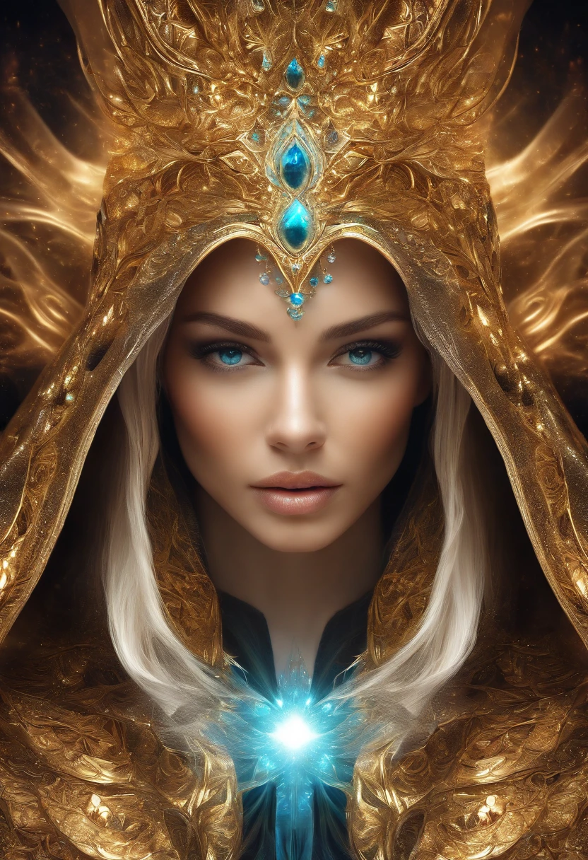(masterpiece, top quality, best quality, official art, beautiful and aesthetic:1.2), (1girl), extreme detailed eyes, (fractal art:1.3), colorful, highest detailed, (perfect face), shiny skin, HDR, (white cloak golden lines:1.2), galaxy, (light streaks), striking visuals, (dynamic streaks, luminous trails:1.2), vibrant colors, (phoenix), (dragon)