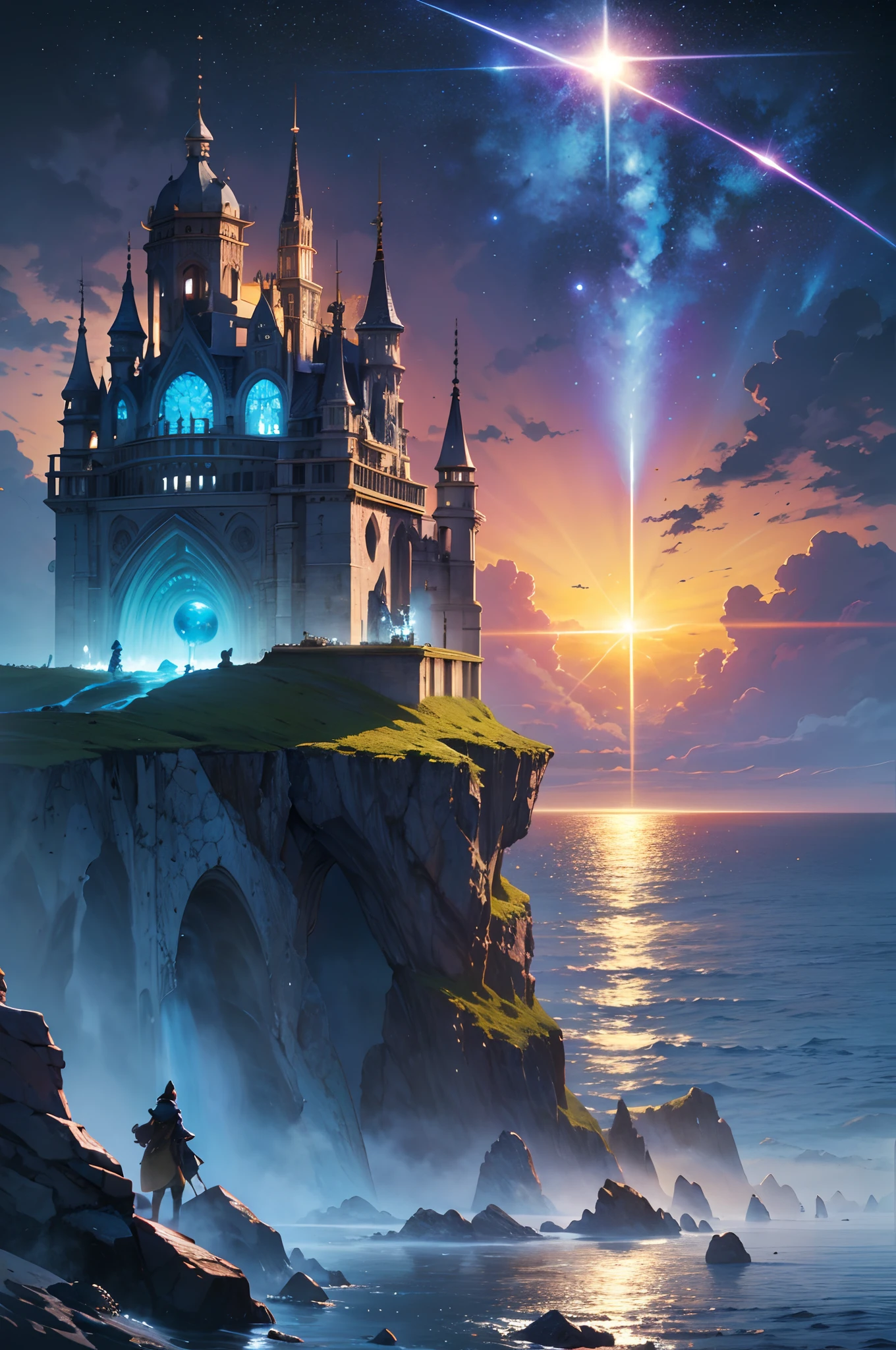 Knights on a high stone looking toward the sun at dusk and on the horizon a cosmic jellyfish monster coming out of the sea, newts, ilha, blue skies, mar azul, cosmic living water, RPG, 8k, magnificent art, dramatic scene, THREATENING, coming out of a galactic rift