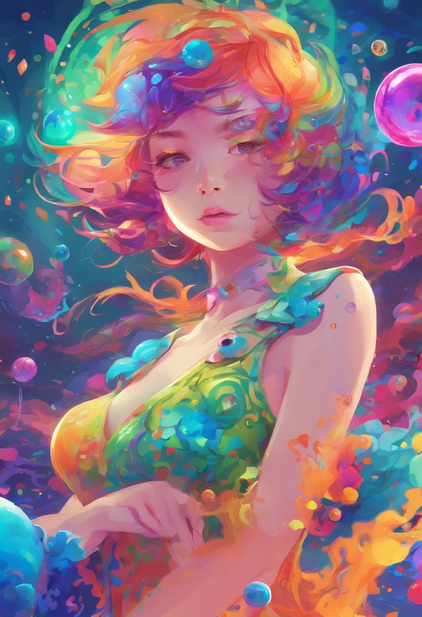 ((top-quality, 8K)), (Realistic), (Face Focus: 1.1), (Blue, Green and purple colors: 1.2), Kawaii Girl, short-hair,
Hair fluttering in the wind, Facing to the side, Look up at your face, Eyes closed, (Sleeveless: 1.1)、Skirt, D Cup Breasts, Countless soap bubbles,