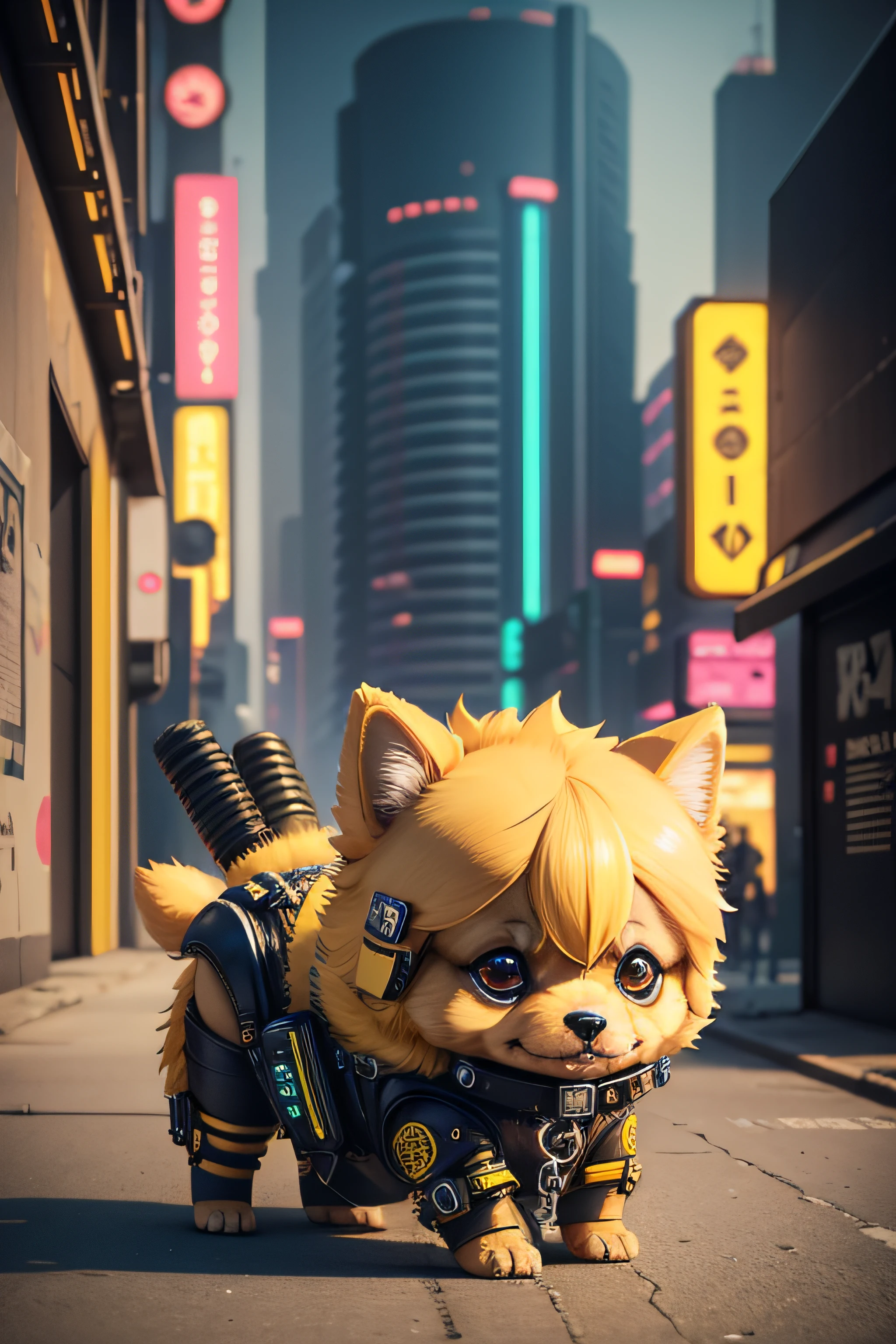 Yellow doge chibi with hyper-realistic cyberpunk style in cyberpunk aesthetic cyberpunk shading