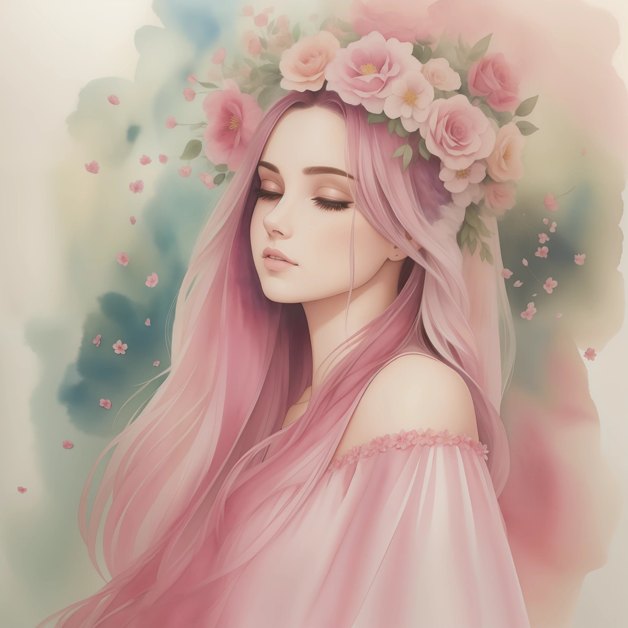 Uma pintura em aquarela de mulher de costas longos cabelos  em um vestido de princesa rosa com uma coroa de flores,vestido