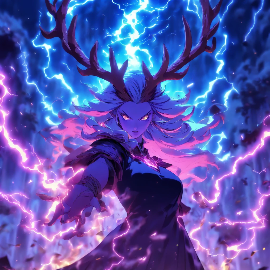 Witch queen with antlers casting lightning spells and summoning creatures