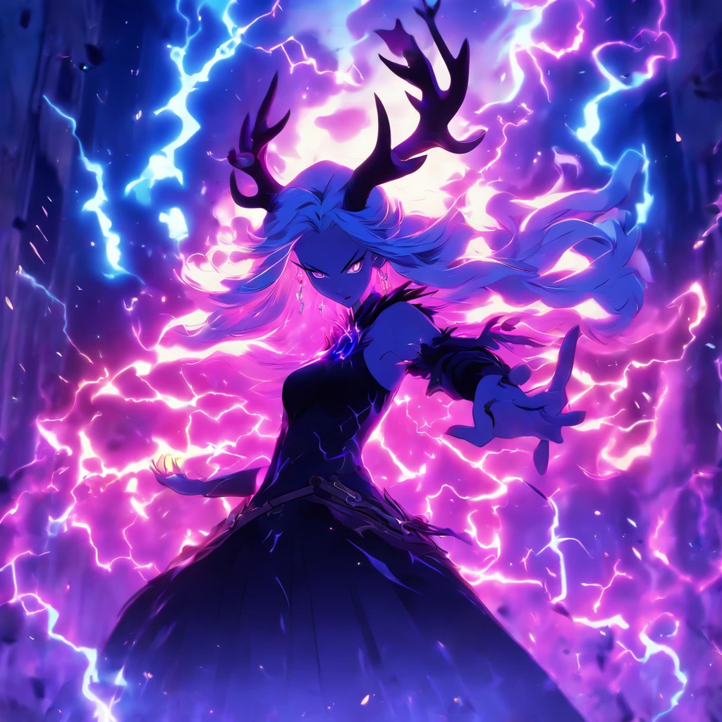 Witch queen with antlers casting lightning spells and summoning creatures