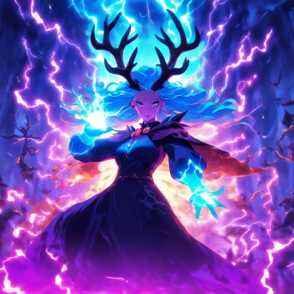Witch queen with antlers casting lightning spells and summoning creatures