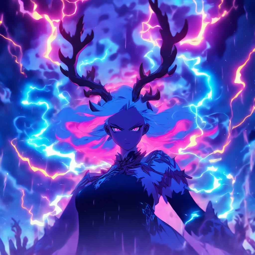 Witch queen with antlers casting lightning spells and summoning creatures