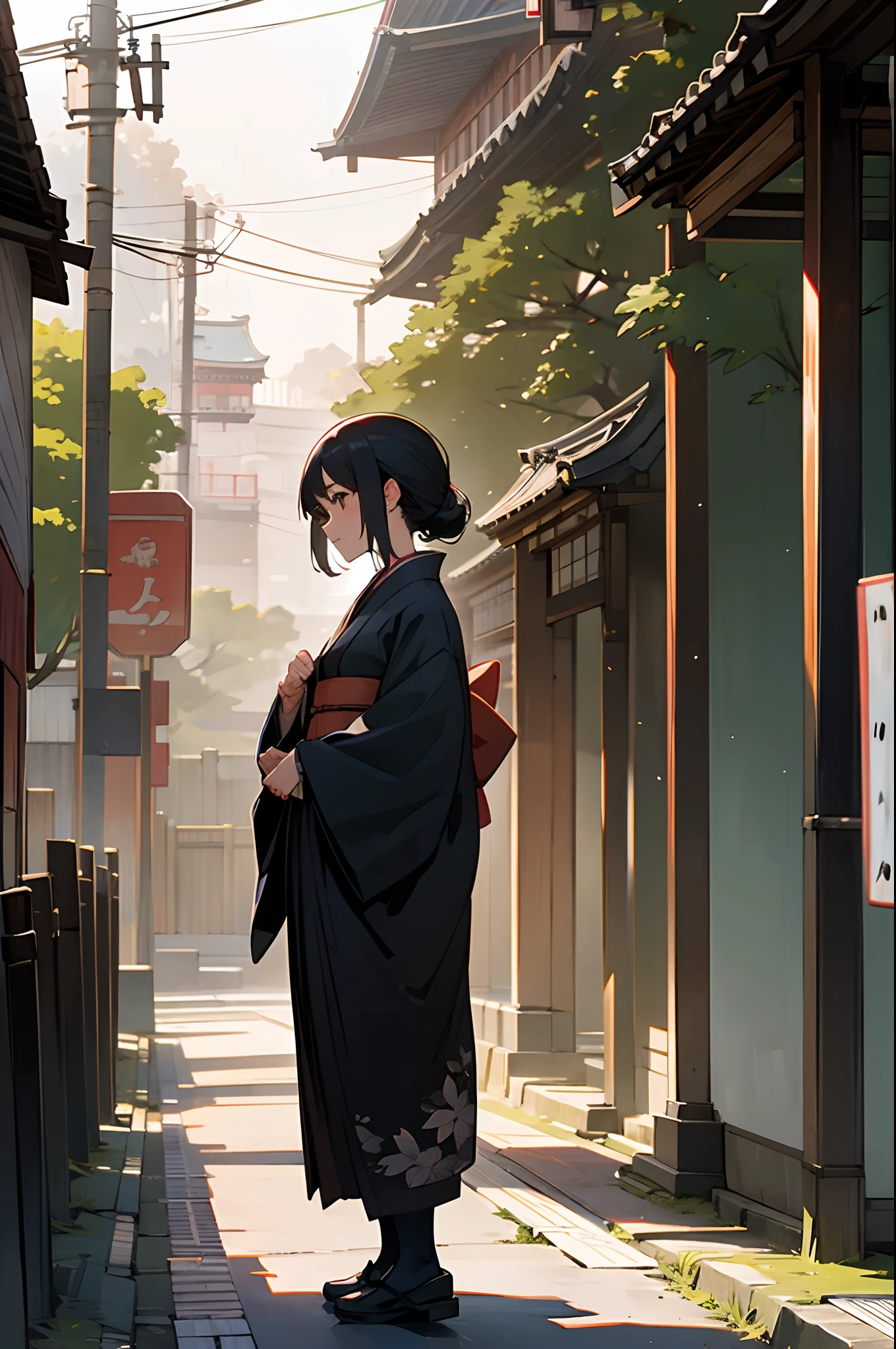 Japan woman standing alone in the streets of Kyoto