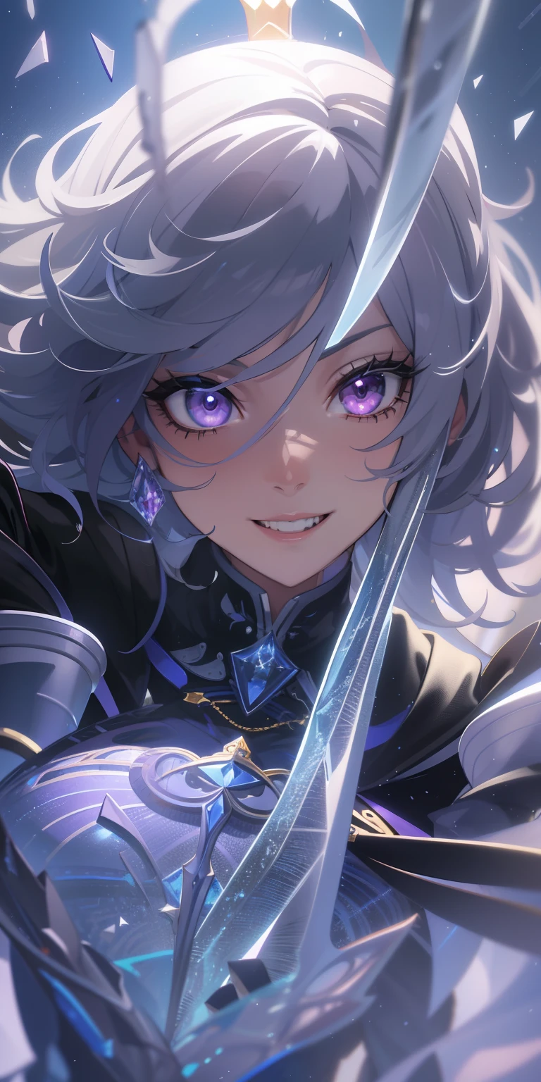 masterpiece, best quality, ultra-detailed, best shadow), (detailed background,dark fantasy), (beautiful detailed face), high contrast, (best illumination, an extremely delicate and beautiful), ((cinematic light)), colorful, hyper detail, dramatic light, intricate details, (1girl, solo,white hair, sharp face,purple eyes, hair between eyes,dynamic angle), swirling black light around the character, depth of field,black light particles,(broken glass), superhero , full body, holding magical sword, woman, happy, smile, look in front, tall, wearing boots, attractive, detailed clothing, woman, adult, sexy, wears crown, laughing, looking smart, adorable looking,
