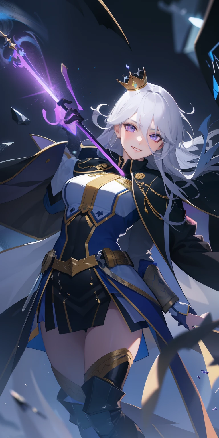 masterpiece, best quality, ultra-detailed, best shadow), (detailed background,dark fantasy), (beautiful detailed face), high contrast, (best illumination, an extremely delicate and beautiful), ((cinematic light)), colorful, hyper detail, dramatic light, intricate details, (1girl, solo,white hair, sharp face,purple eyes, hair between eyes,dynamic angle), swirling black light around the character, depth of field,black light particles,(broken glass), superhero , full body, holding magical sword, woman, happy, smile, look in front, tall, wearing boots, attractive, detailed clothing, woman, adult, sexy, laughing, looking smart, adorable looking, full body, cloak, blood on teeth, vampire teeth, wide smile,