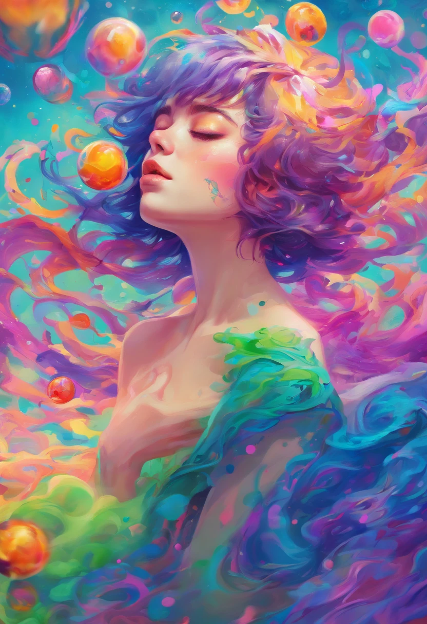 ((top-quality, 8K)), (Realistic), (Face Focus: 1.1), (Blue, Green and purple colors: 1.2), Kawaii Girl, short-hair,
Hair fluttering in the wind, Facing to the side, Look up at your face, Eyes closed, (Sleeveless: 1.1)、Skirt, D Cup Breasts, Countless soap bubbles,