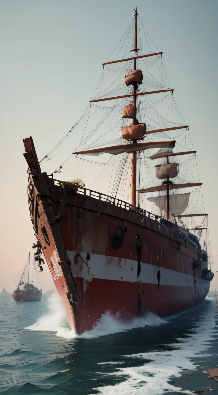 /imagine prompt: An aged, weather-beaten ship, resembling the Olympic, with peeling paint and rusted hull, anchored in a quiet harbor.