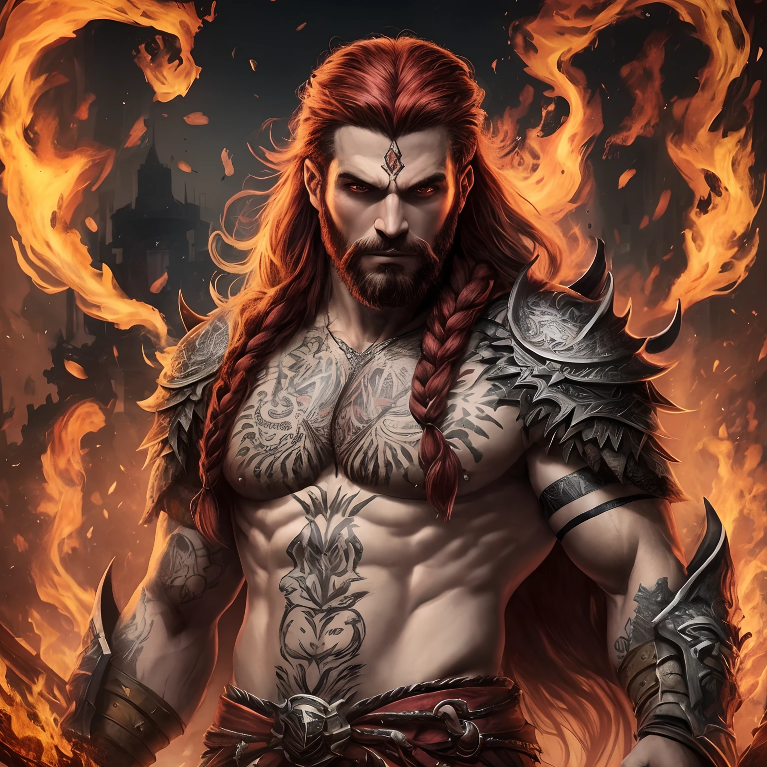 Berserker, Barbarian man, Arte de Fantasia, of his gaze alone enemies beginning to panic, one head, devilish smile, besta do inferno, demonio, White Fire Sky, guerreiro, com foice e escudo, lindo, homens, Werelion, Long red braided hair, olhos dourados brilhantes, realista, altamente detalhados, Motor irreal, 8k de luxo