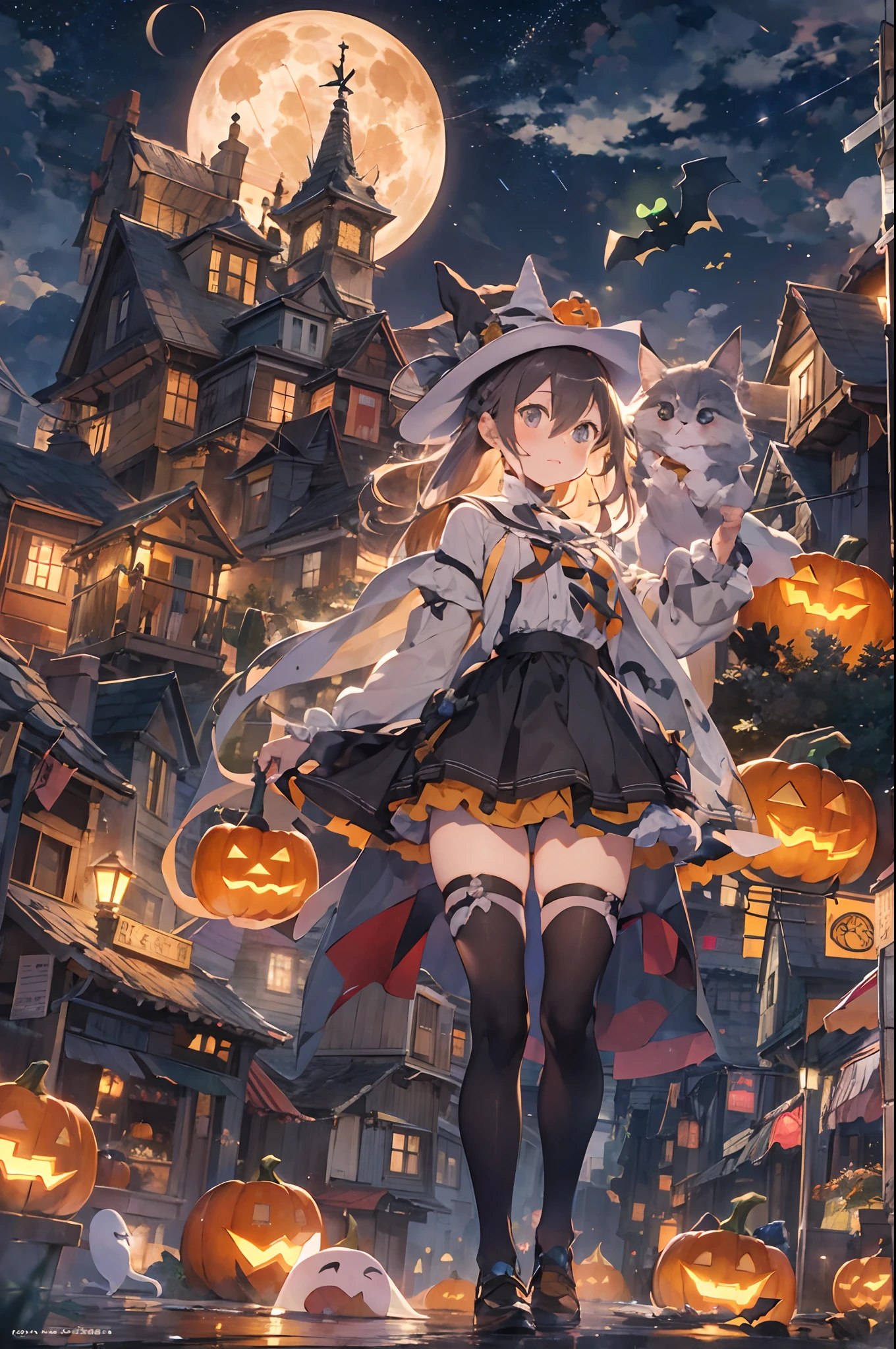 masuter piece、top-quality、32K、8K、absurderes、The best illustrations、Official art、Halloween、the witch、Ride a broom、nigh sky、flying though the air、Ghost pumpkin、You can see a big full moon in the colorful starry sky、You can see buildings and city lights at the bottom of the screen.