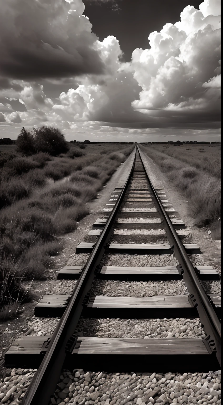 The road to nowhere (Abandoned railway track), Noir style, A lot of small details of the environment, Very clear texture of rusty rails, old sleepers, dusty rubble, withered grass); A perspective directed to infinity; Heavy cumulus clouds; high quality textures(Enhanced Clarity, High image sharpness, DO NOT BLUR!), Monochrome image (An old photo card)