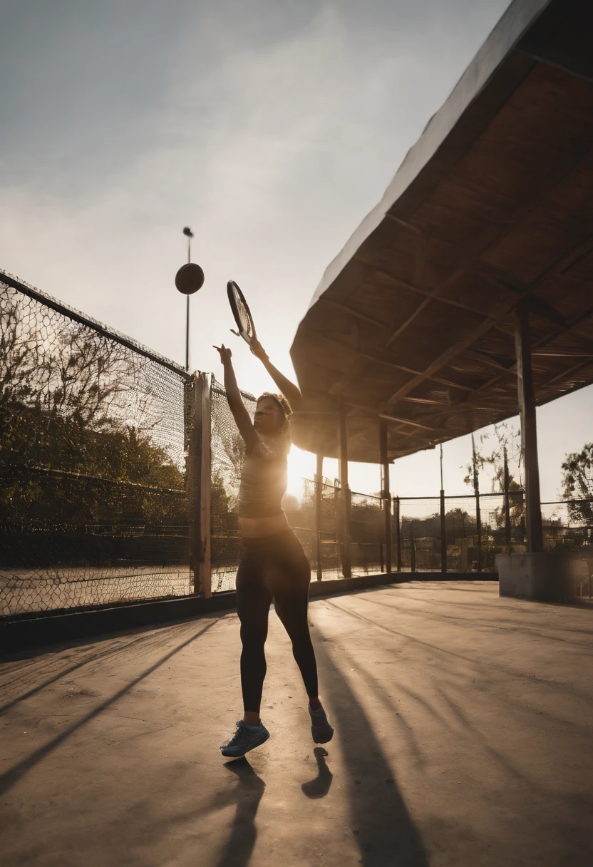 (masterpiece:1.2) (best quality) (detailed) (photorealistic)(intricate) (8k) (HDR) (wallpaper) (cinematic lighting) (sharp focus),1girl playing tennis, tennis_racket, stadium, rooftop, architecture, smile, day, east_asian_architecture, lens_flare