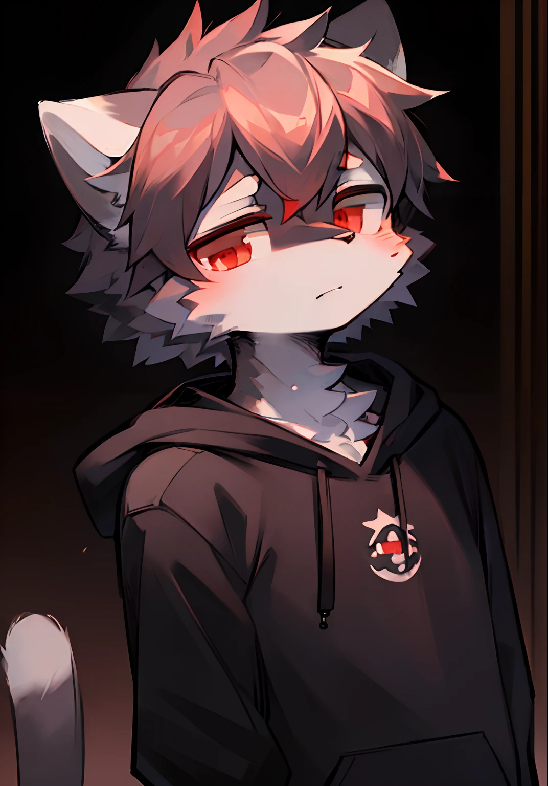 (furry:1.2),(deep gray furry cat,red eyes,black hoodie, boy, handsome,anthro:1.1),(masterpiece,detailed eyes, detailed face,high quality, absurd res,kemono:1.1),(random background, midnight time,cybenpunk world, random events, cybenpunk locations, random character decorations, random expression, cybenpunk scene, random light and shadow)