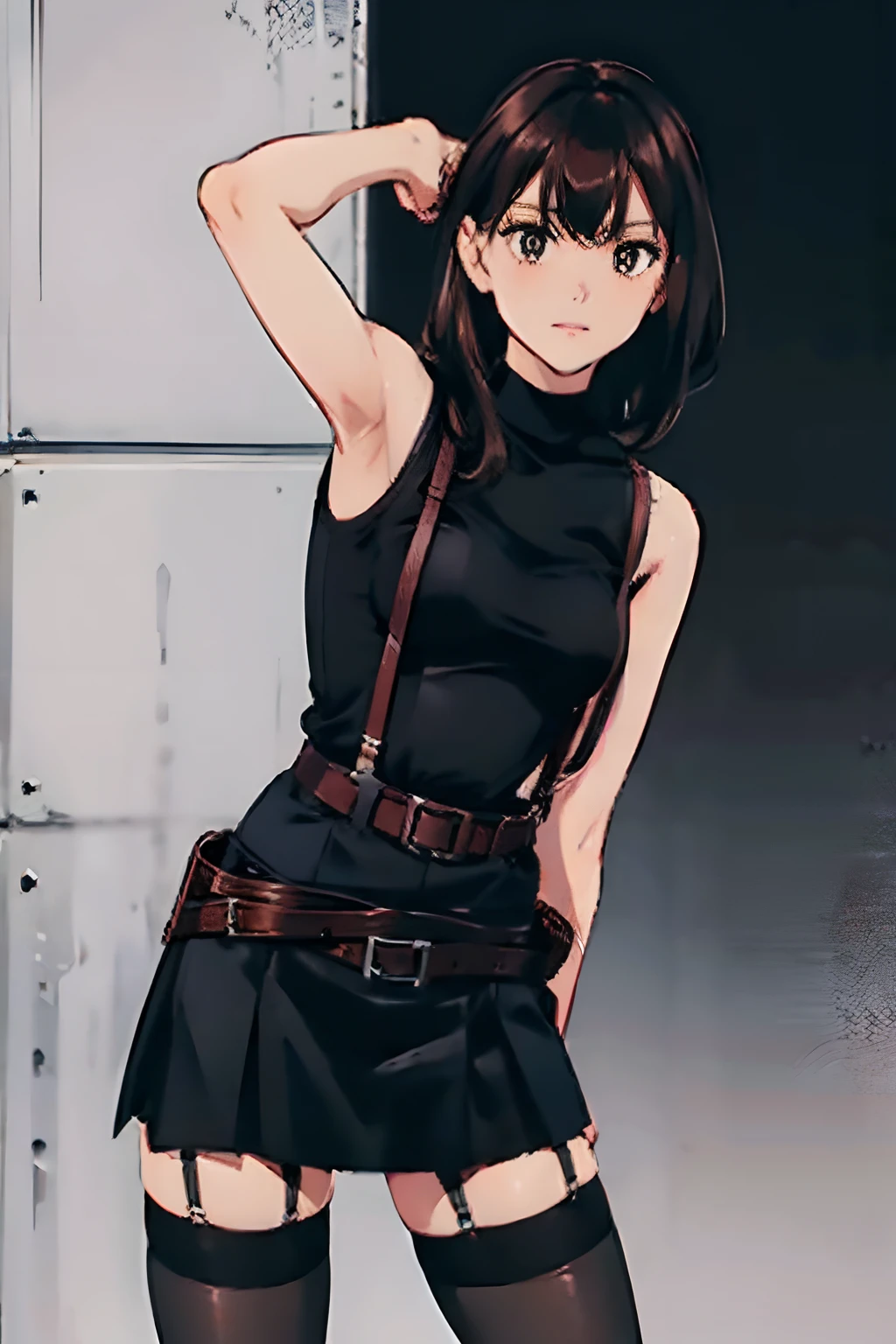 Black skirt, 　suspenders, Brown hair Gray eyes, Garter belt on the legs, Tight black clothes, 　　 a belt　Armpit sweat　　Dark look　Moderately breasts　holster　Fold your hands behind your back