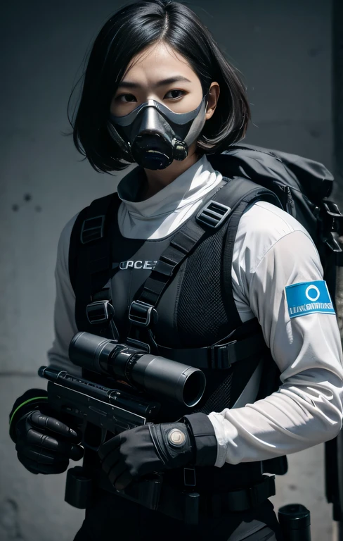 Highest image quality, outstanding details, ultra-high resolution, (realism: 1.4), ((close up:0.75, from front)), Photorealistic, highly condensed 1 lady, full body, aiming with a rifle, Combat pose, (Detailed face), looking at the camera, (a bit chubby:0.45), (cloths color black:0.4 white:0.5 other-color:0.1), (wearing nylon rash-guard as police uniform, gloves, Fingers are occluded, black and gray mecha, wearing futuristic-gasmask, military harness, holding a machinegun, carrying hich-tech-backpack), background greywall,