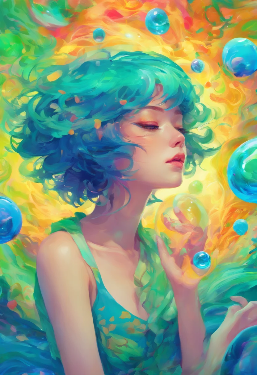 ((top-quality, 8K)), (Realistic), (Face Focus: 1.1), (blue and green: 1.3), Kawaii Girl, short-hair, 
Hair fluttering in the wind, Facing to the side, Look up at your face, Eyes closed, (Sleeveless: 1.1)、Skirt, D Cup Breasts, Countless soap bubbles,