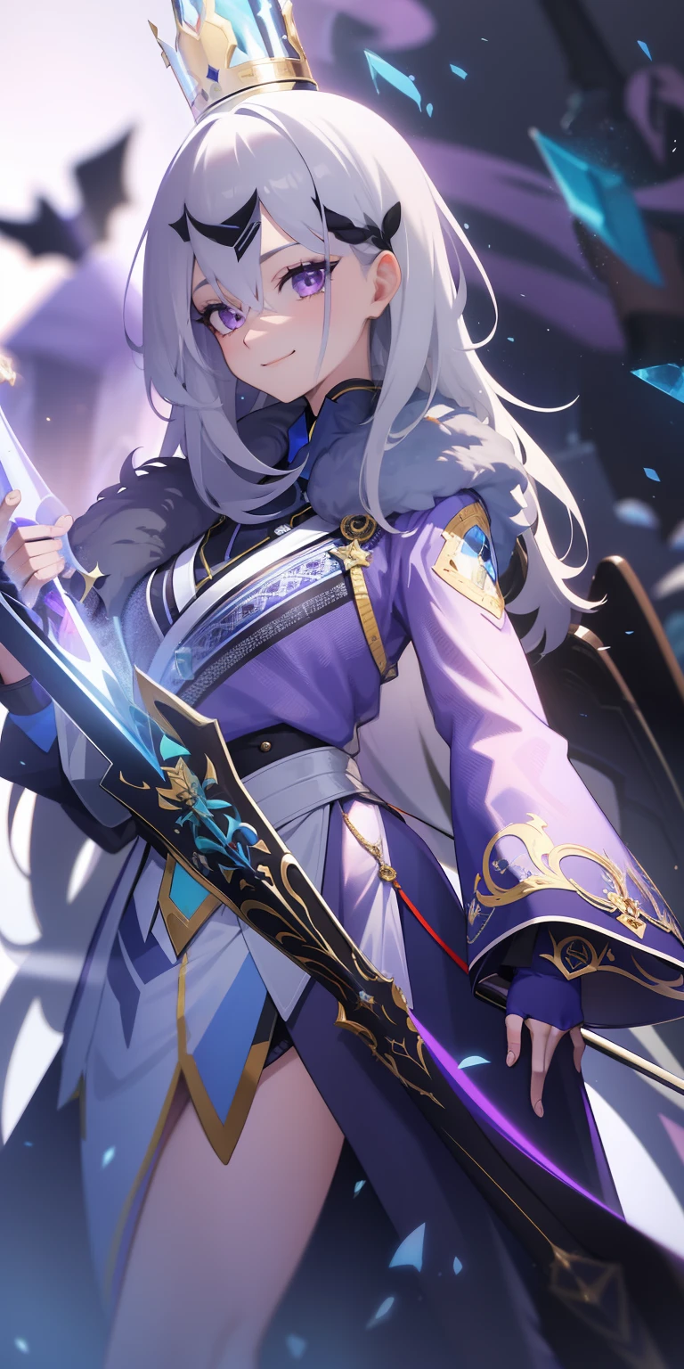 masterpiece, best quality, ultra-detailed, best shadow), (detailed background,dark fantasy), (beautiful detailed face), high contrast, (best illumination, an extremely delicate and beautiful), ((cinematic light)), colorful, hyper detail, dramatic light, intricate details, (1girl, solo,white hair, sharp face,purple eyes, hair between eyes,dynamic angle), swirling black light around the character, depth of field,black light particles,(broken glass), superhero , full body, holding magical sword, woman, happy, smile, look in front, tall, wearing boots, attractive, detailed clothing, woman, adult, sexy, wears crown, laughing, looking smart, adorable looking,