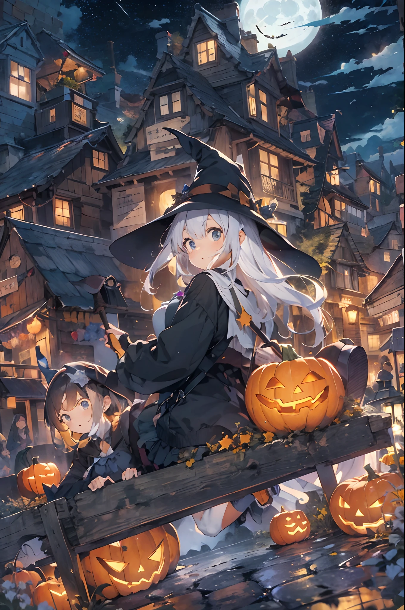masuter piece、top-quality、32K、8K、absurderes、The best illustrations、Official art、Halloween、the witch、Ride a broom、nigh sky、flying though the air、Ghost pumpkin、You can see a big full moon in the colorful starry sky、You can see buildings and city lights at the bottom of the screen.