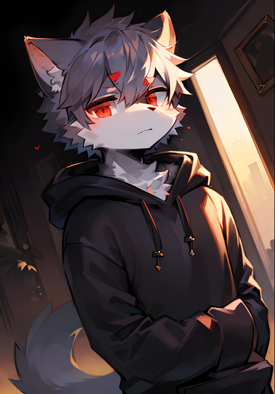 (furry:1.2),(deep gray furry cat,red eyes,black hoodie, boy, handsome,anthro:1.1),(masterpiece,detailed eyes, detailed face,high quality, absurd res,kemono:1.1),(random background, midnight time,cybenpunk world, random events, cybenpunk locations, random character decorations, random expression, cybenpunk scene, random light and shadow)