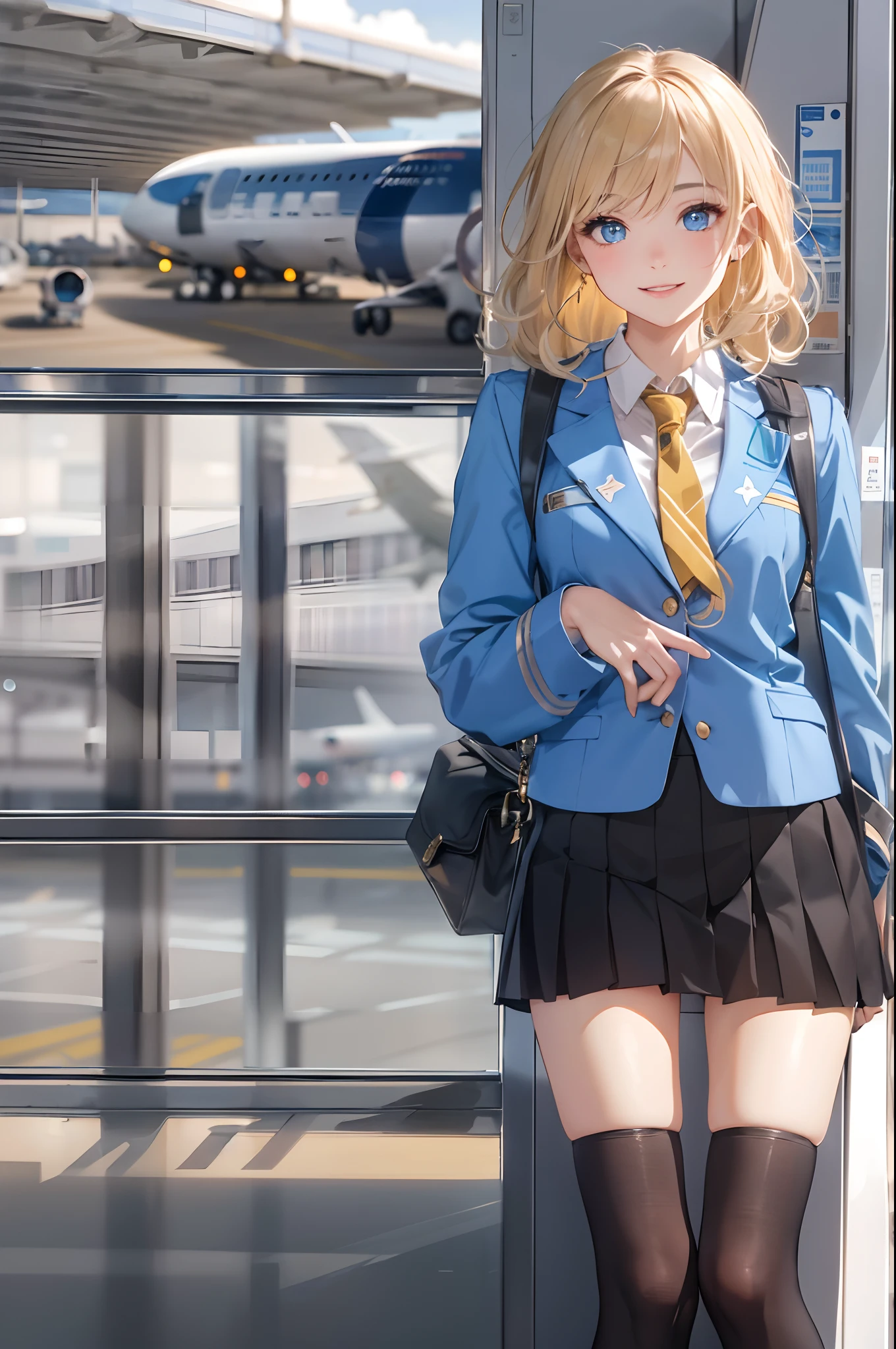 (top-quality、in 8K、32K、masterpiece、nffsw、超A high resolution、Impresionismo、Photorealsitic:1.2)、cowboy shot、foco nítido、detailed faces and eyes、realistic shadow、side lights、beauitful face、blurry backround、Sharp pupils、Realistic pupils、(airport:1.4)、beauitful face、20-year-old beauty、shiny white skin、Beautiful golden hair、Wavy Hair、Medium Hair、blue eyess、Cabin Attendant Uniform、tight skirts、pantyhose、Black shoes、A smile、Carry Case、thighs thighs thighs thighs、