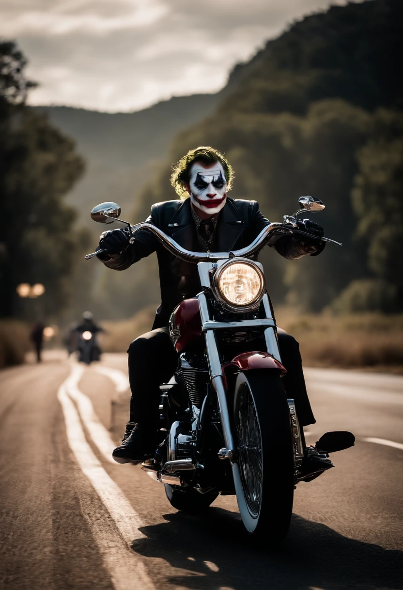 Joker realista sentando em uma Harley Davidson. No fundo uma estrada.