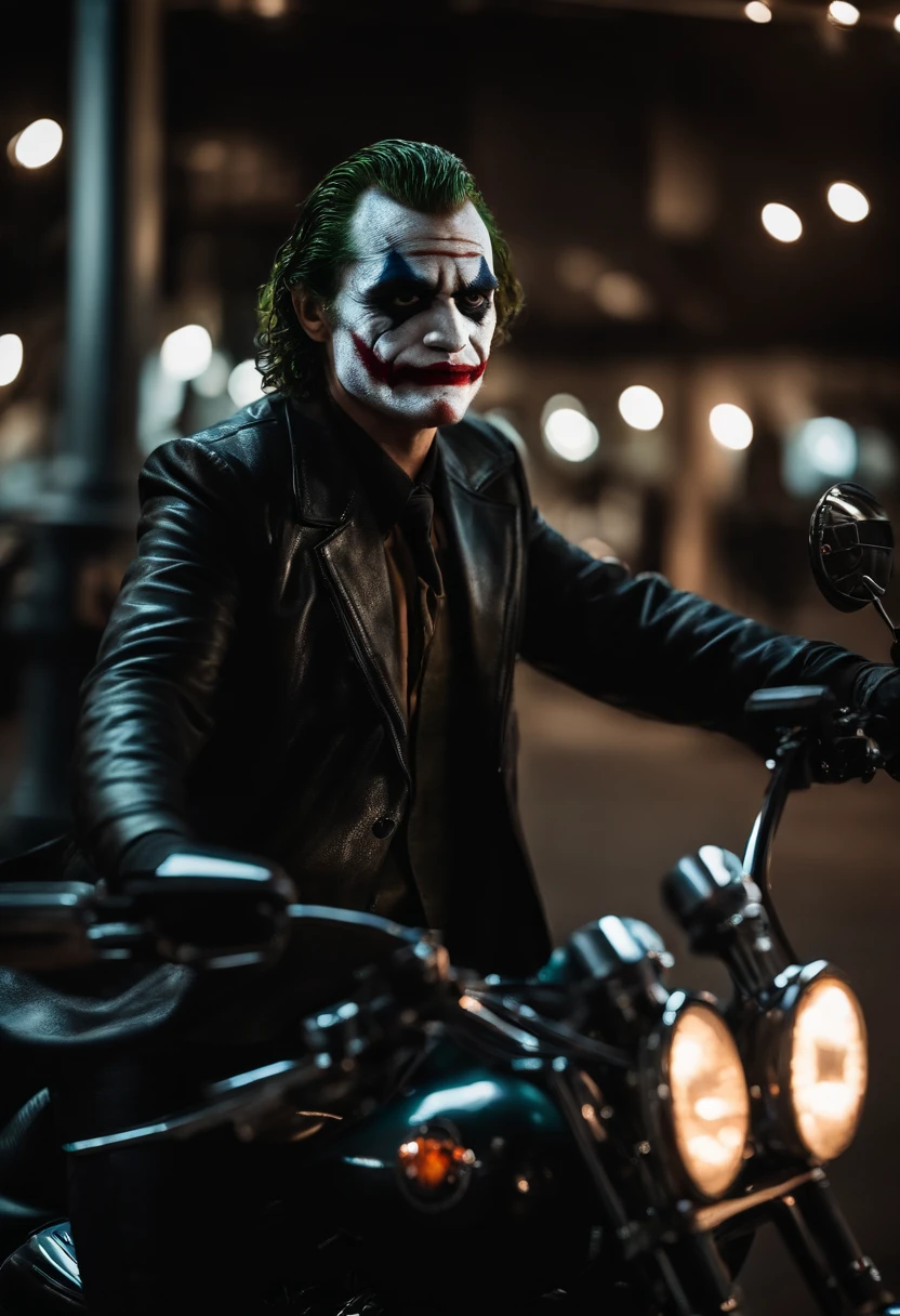 Joker realista sentando em uma Harley Davidson. No fundo uma estrada.