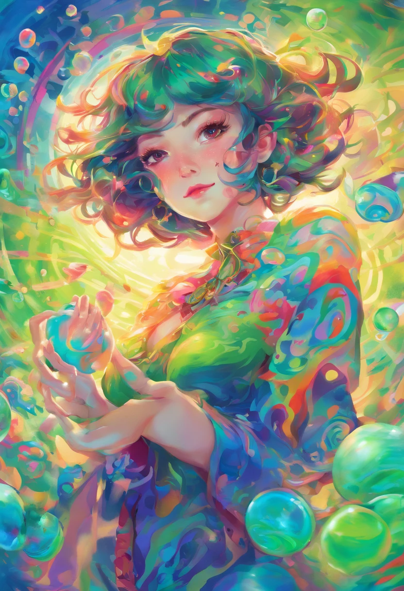 ((top-quality, 8K)), (Realistic), (Face Focus: 1.1), (blue and green: 1.3), Kawaii Girl, short-hair, 
Hair fluttering in the wind, Facing to the side, Look up at your face, Eyes closed, (Sleeveless: 1.1)、Skirt, D Cup Breasts, Countless soap bubbles,