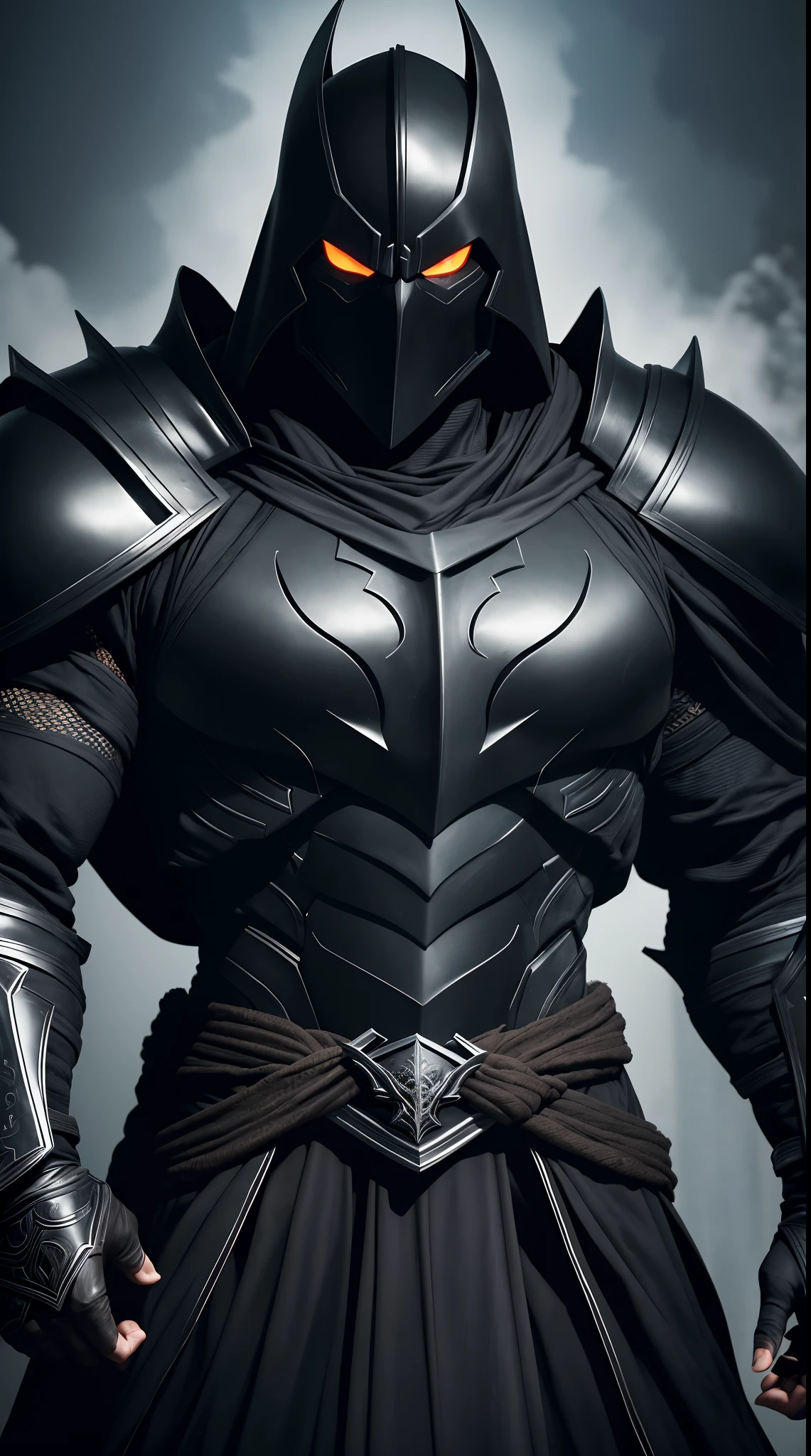 a colossal figure, with black armor that radiates a dark aura.  His face is always hidden by a sinister mask