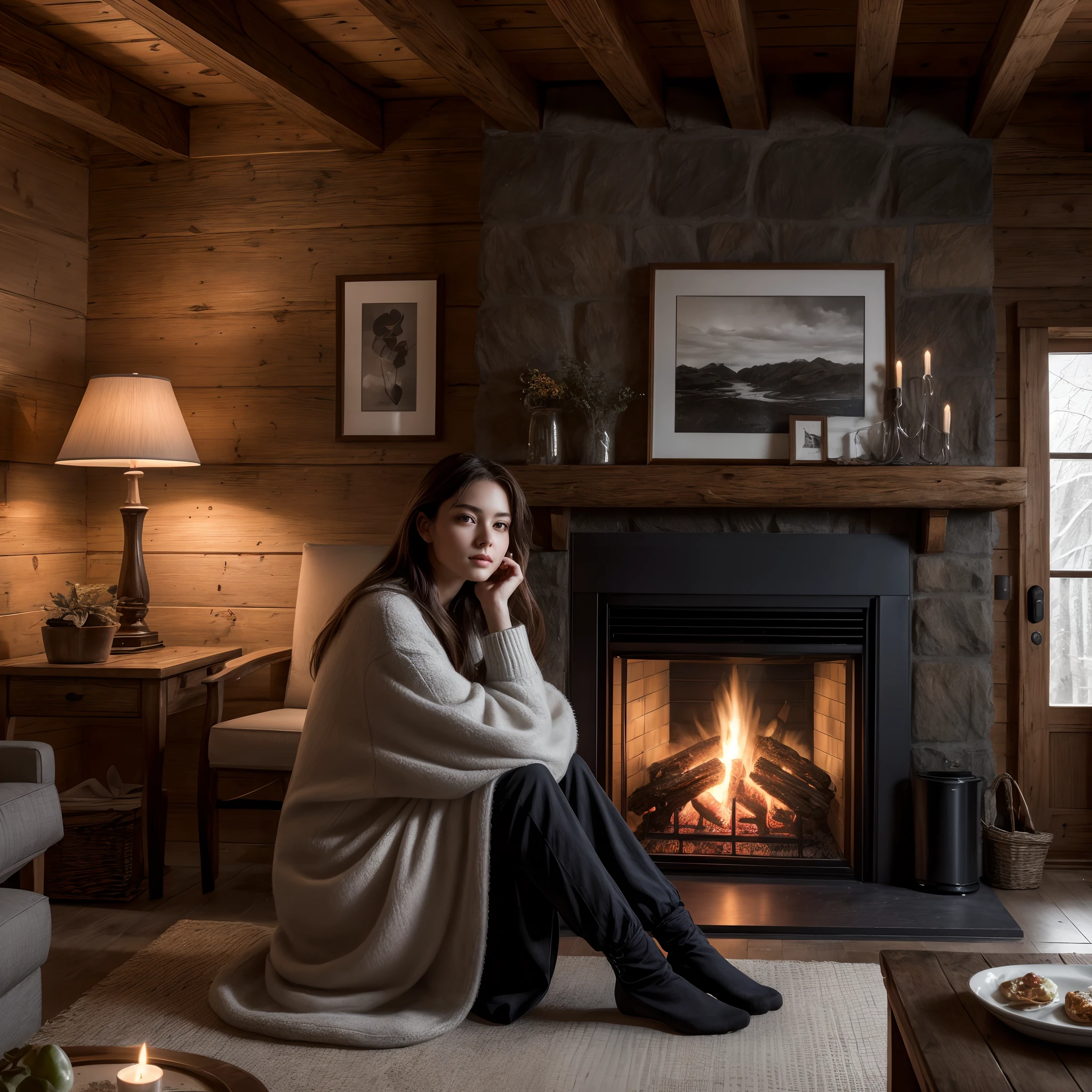 a stunning intricate full color portrait, official art, masterpiece, best quality, unity 8k wallpaper, (photorealistic:1.4), ultra detailed, extremely detailed, elegant, beautiful, aesthetic, romanticism, A woman wrapped in a cozy winter ensemble, sitting by a fireplace in a cabin, illuminated with soft and warm lighting to evoke a sense of comfort and tranquility