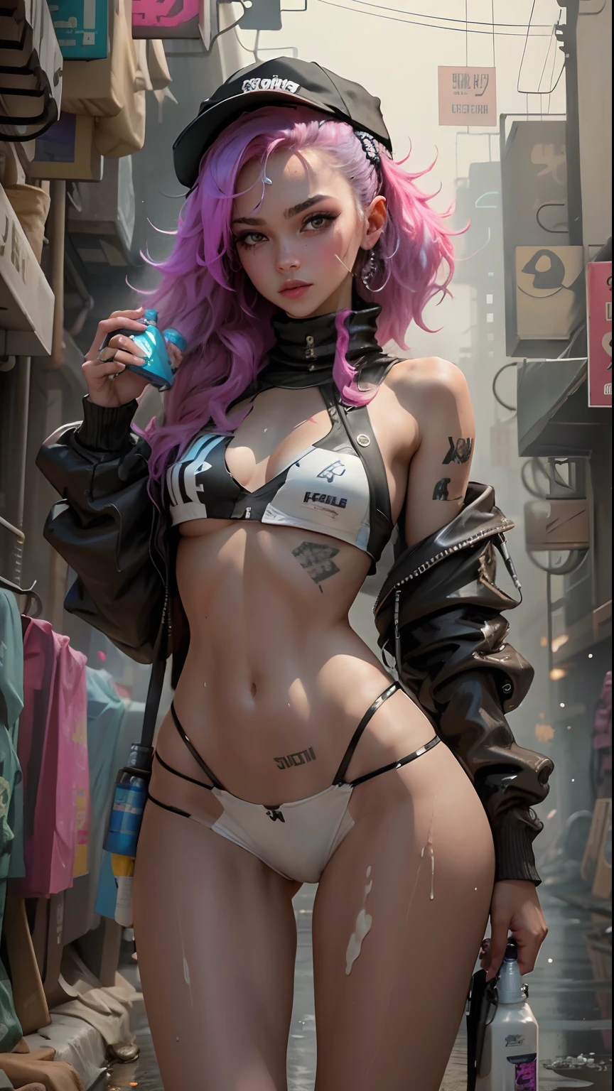 Beauty in the hair,wearing hat,Cyberpunk-inspired short outfits,Naked,Expose ,Lower body spray,Milk liquid,Lots of damp ones