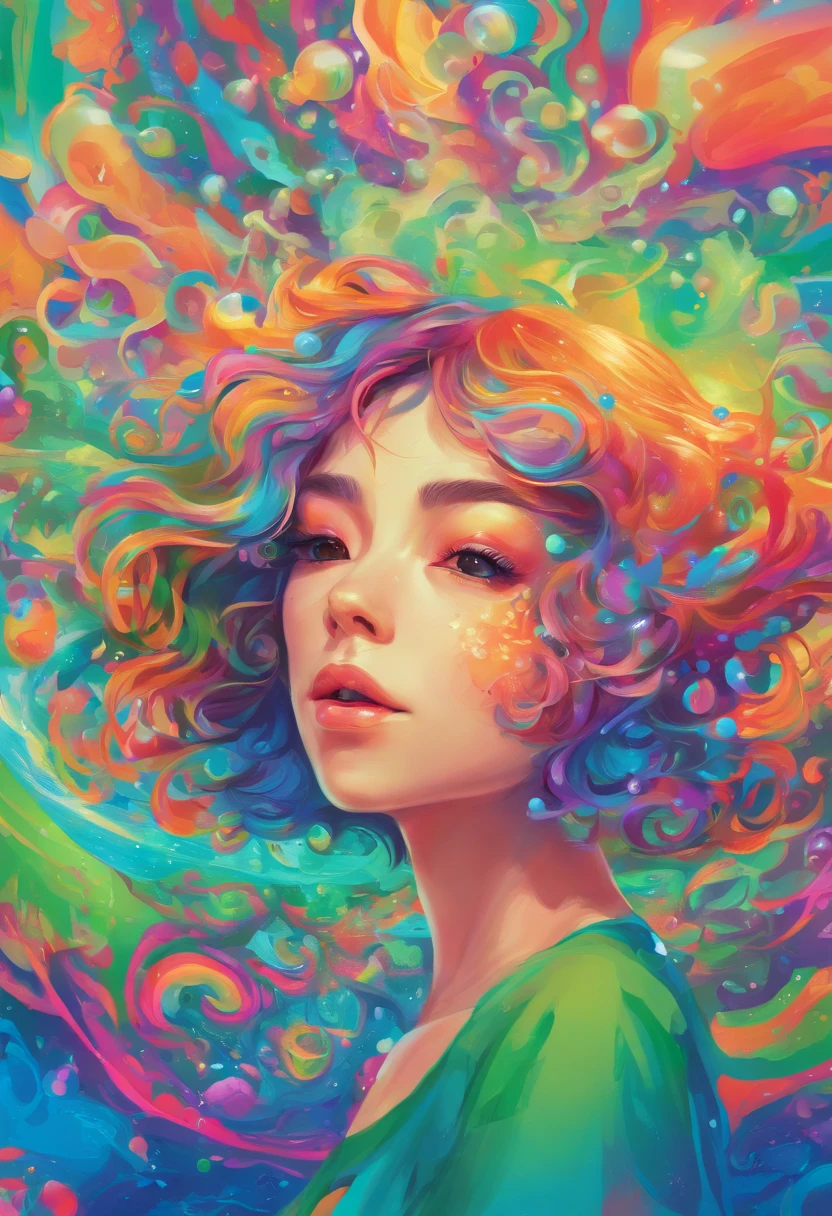 ((top-quality, 8K)), (Realistic), (Face Focus: 1.1), (blue and green: 1.3), Kawaii Girl, short-hair, multicolour, Colorful, 
Hair fluttering in the wind, Facing to the side, Look up at your face, Eyes closed, (Sleeveless: 1.1)、Skirt, D Cup Breasts, Countless soap bubbles,