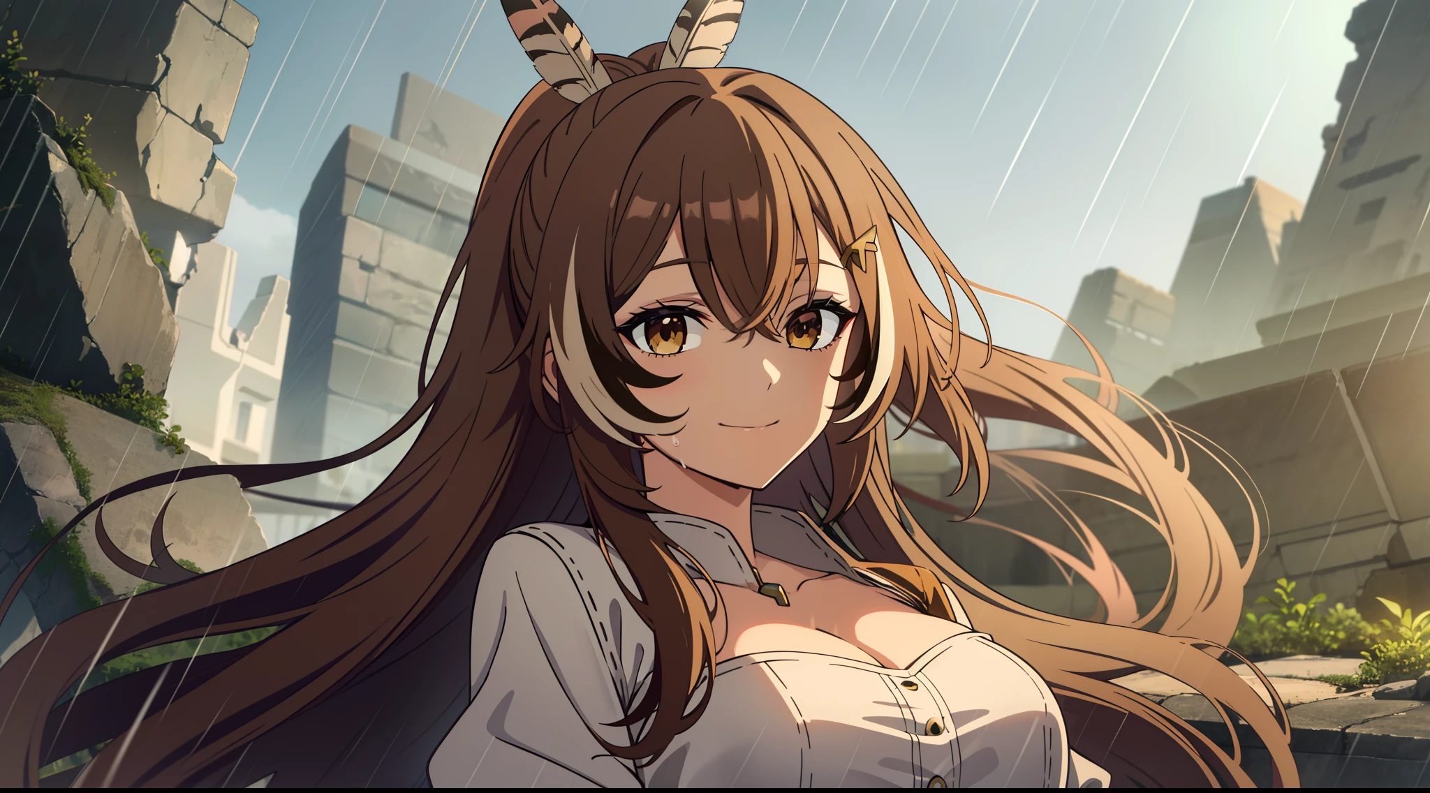 2D, HD, Detailed details, Detailed landscapes, beautiful lights, Beautiful Shadows, top-quality, Highly detailed, masterpiece, best quality, highres, aamumei, long hair, ponytail, ahoge, multicolored hair, feather hair ornament, hairclip, white shirt, brown corset, red skirt, mini breasts, closed mouth, smile, looking at viewer, highly detailed hands, highly detailed eyes, cleavage, Perfect hands, highly detailed face, full body, anime styled, wet clothes, rain, abandoned town, ruins