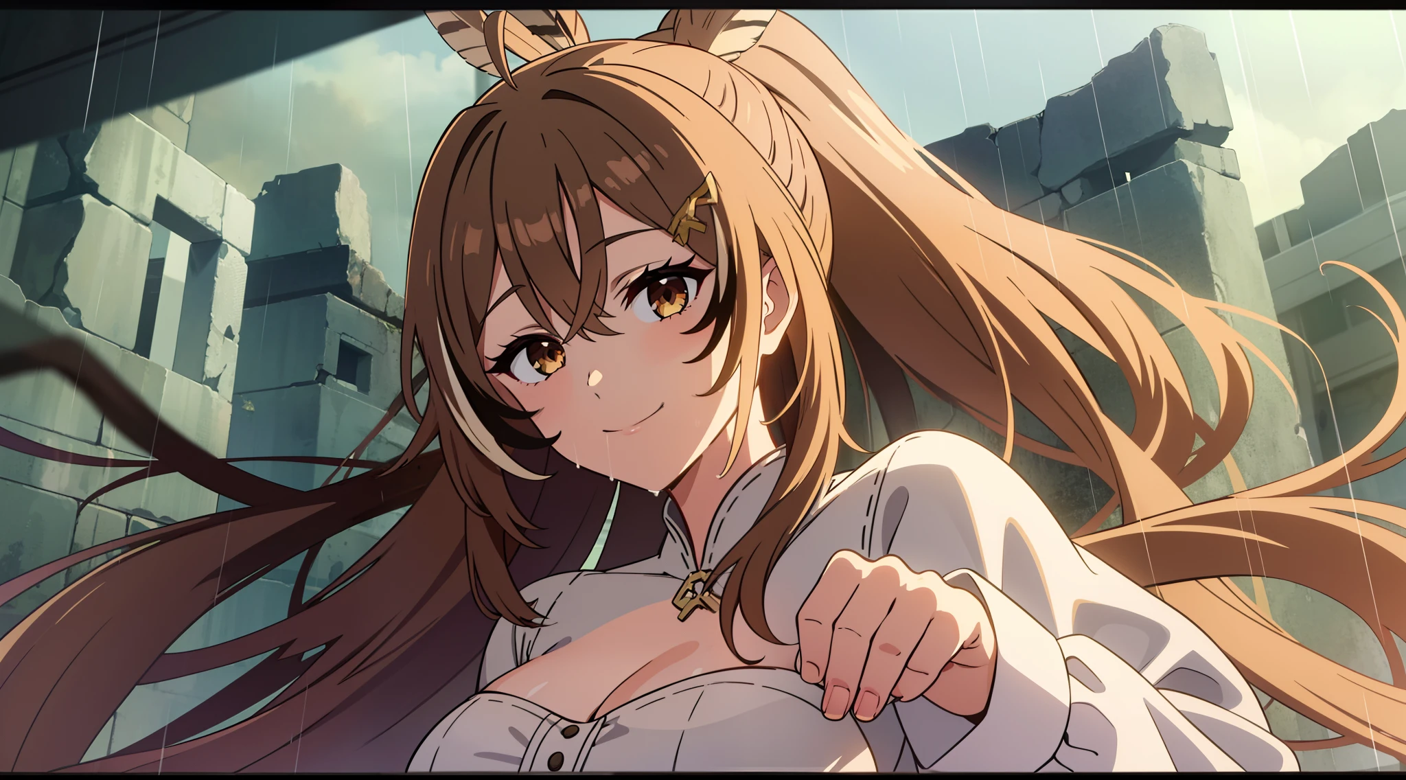 2D, HD, Detailed details, Detailed landscapes, beautiful lights, Beautiful Shadows, top-quality, Highly detailed, masterpiece, best quality, highres, aamumei, long hair, ponytail, ahoge, multicolored hair, feather hair ornament, hairclip, white shirt, brown corset, red skirt, mini breasts, closed mouth, smile, looking at viewer, highly detailed hands, highly detailed eyes, cleavage, Perfect hands, highly detailed face, full body, anime styled, wet clothes, rain, abandoned town, ruins